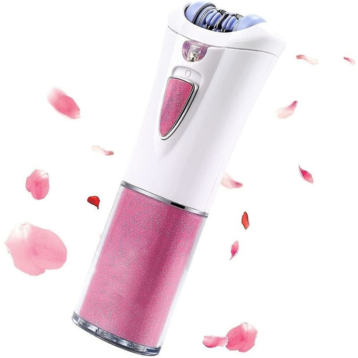 Weißer und rosa Epilierer mit rosa Rosenblättern darum. Blütenblätter sind verstreut, einige in der Luft.