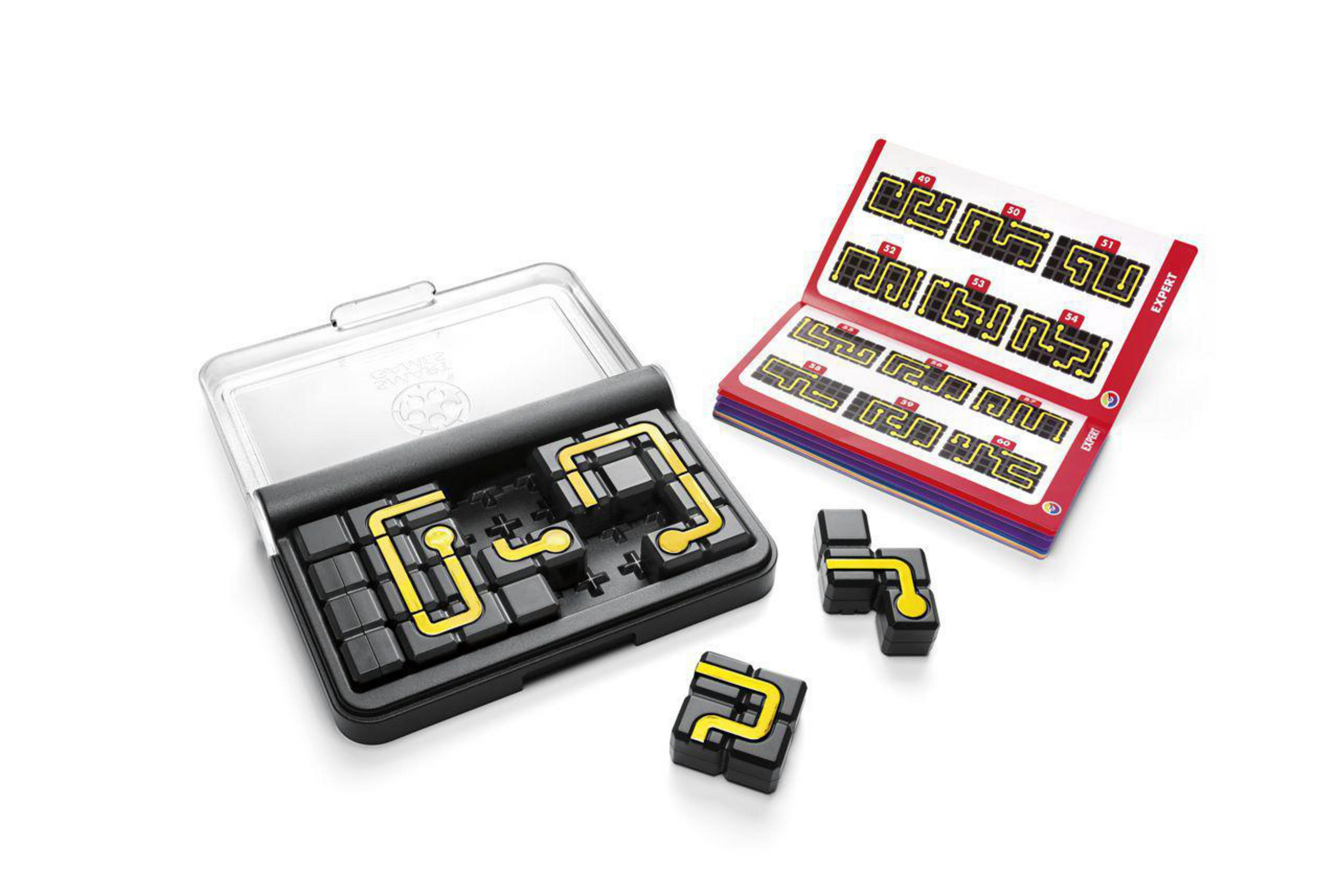 Un gioco di puzzle con pezzi quadrati neri e percorsi gialli. Il gioco è in una custodia con le istruzioni.