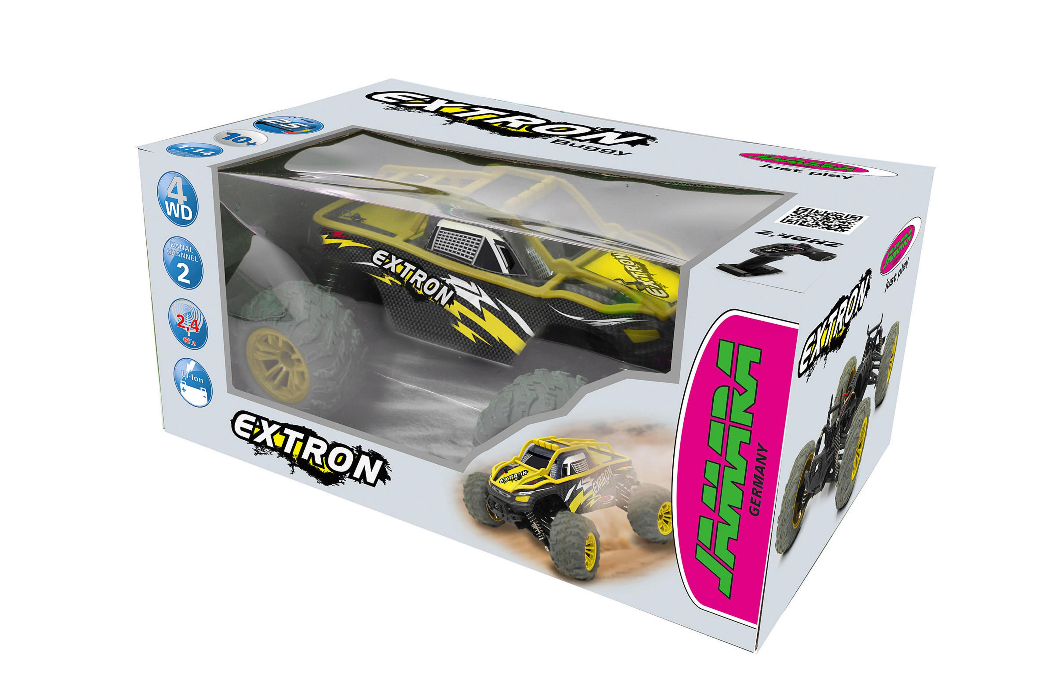 Un coche de juguete en una caja. El coche es amarillo y negro. La caja tiene el nombre y las características del coche.