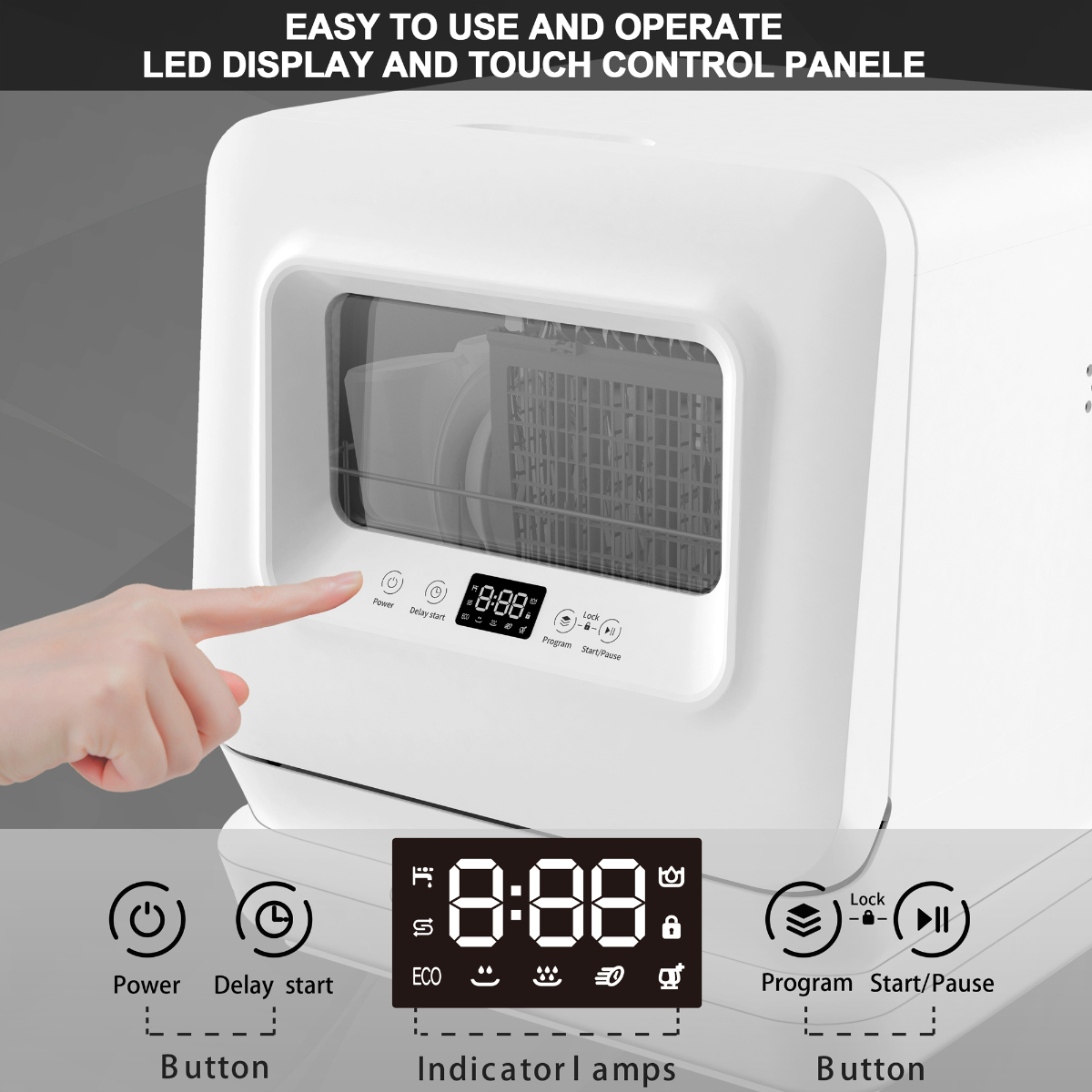 Ein weißer Geschirrspüler mit Touch-Panel, offener Tür und einer Hand, die den Bildschirm berührt.