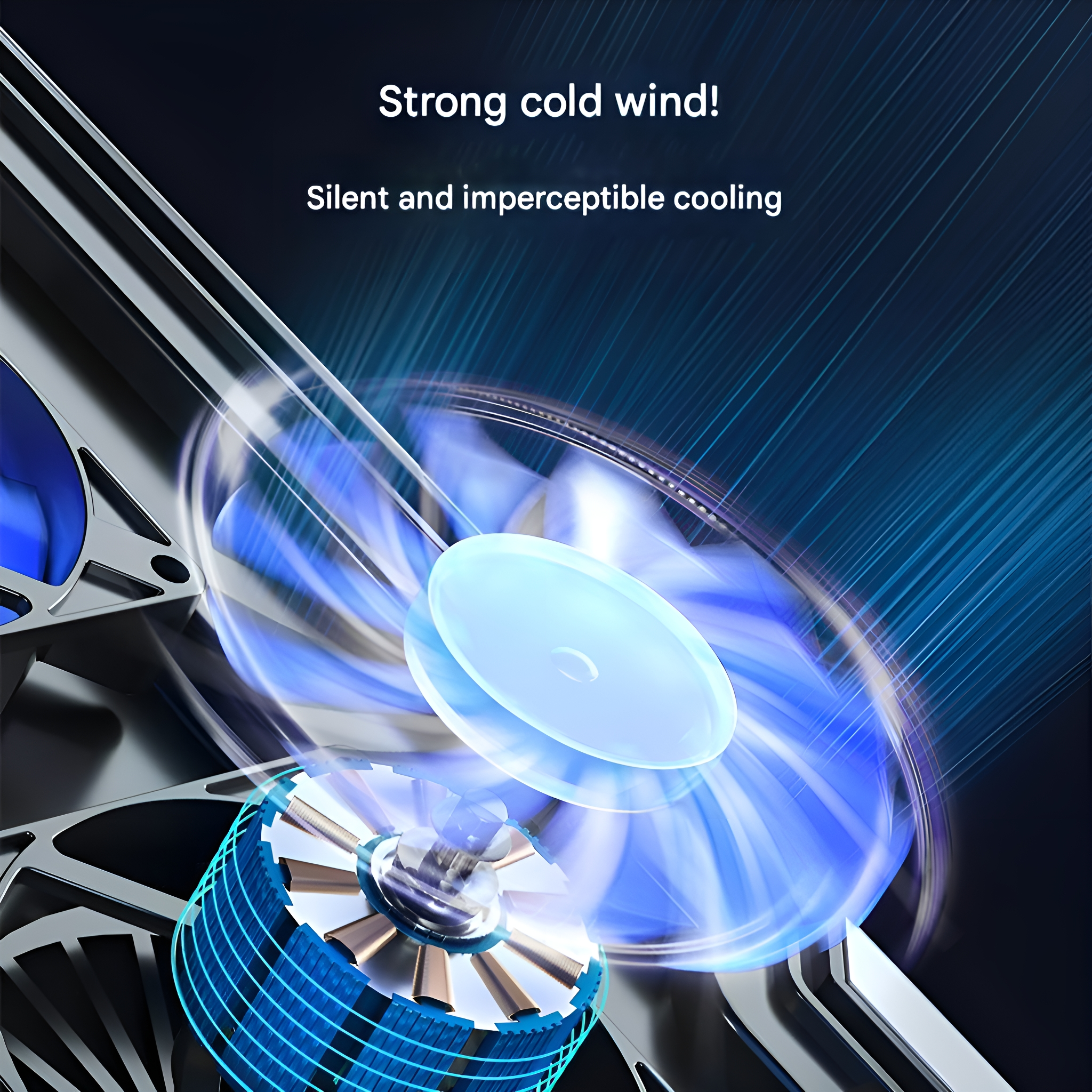 Ein Computerlüfter mit blauen Flügeln. Er ist in Bewegung, mit blauem und weißem Licht, und hat einen Metallrahmen.