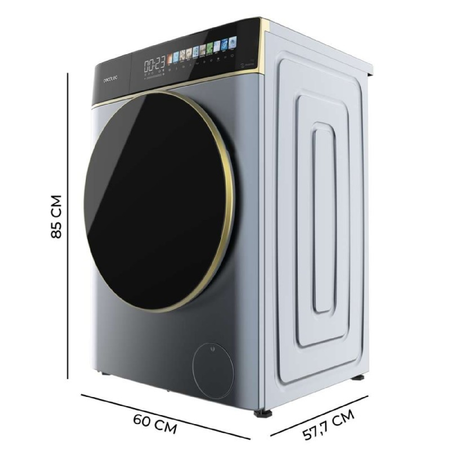 Una lavatrice con dimensioni e un display rotondo, con un anello dorato attorno alla porta rotonda scura.