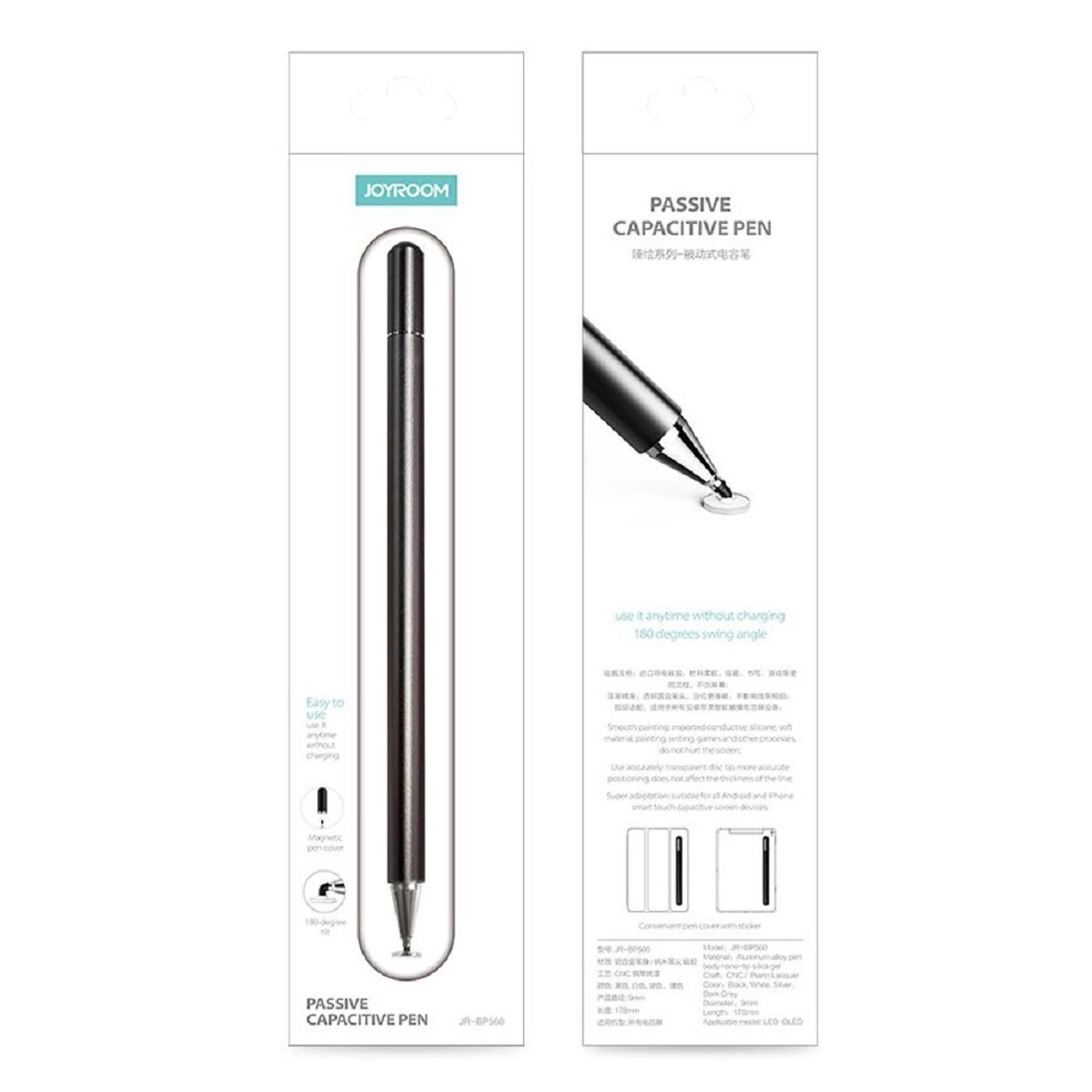 Ein Stift in einer Verpackung mit Text. Die Verpackung ist weiß und grau, mit einem schwarzen Stift darin.