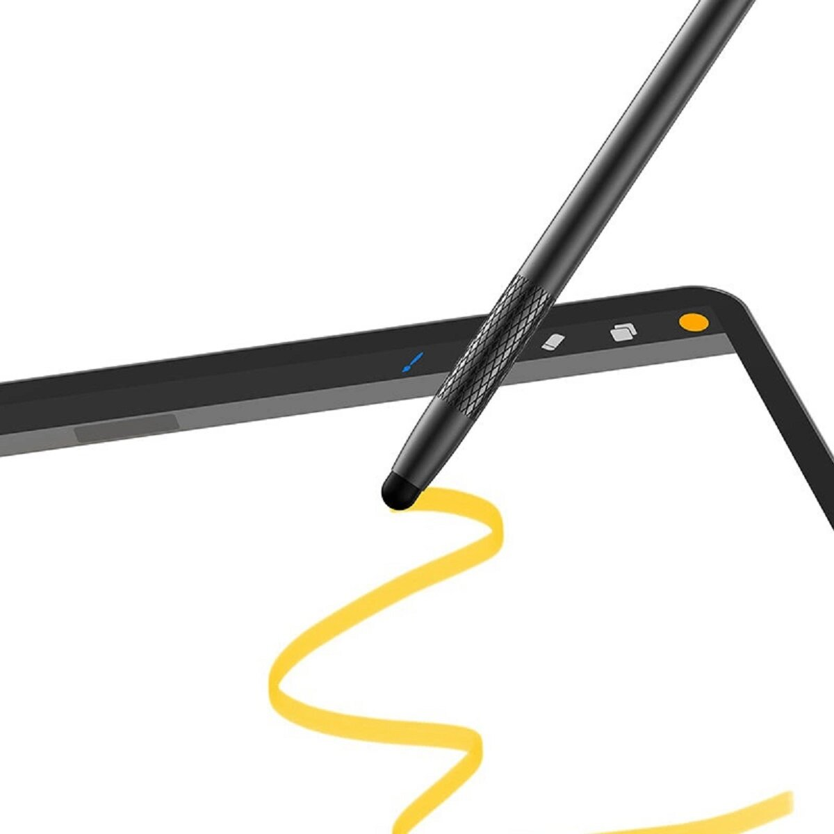 Ein schwarzer Stift, der eine gelbe Linie auf einem schwarzen Tablet-Bildschirm zeichnet. Hintergrund ist schlicht weiß.