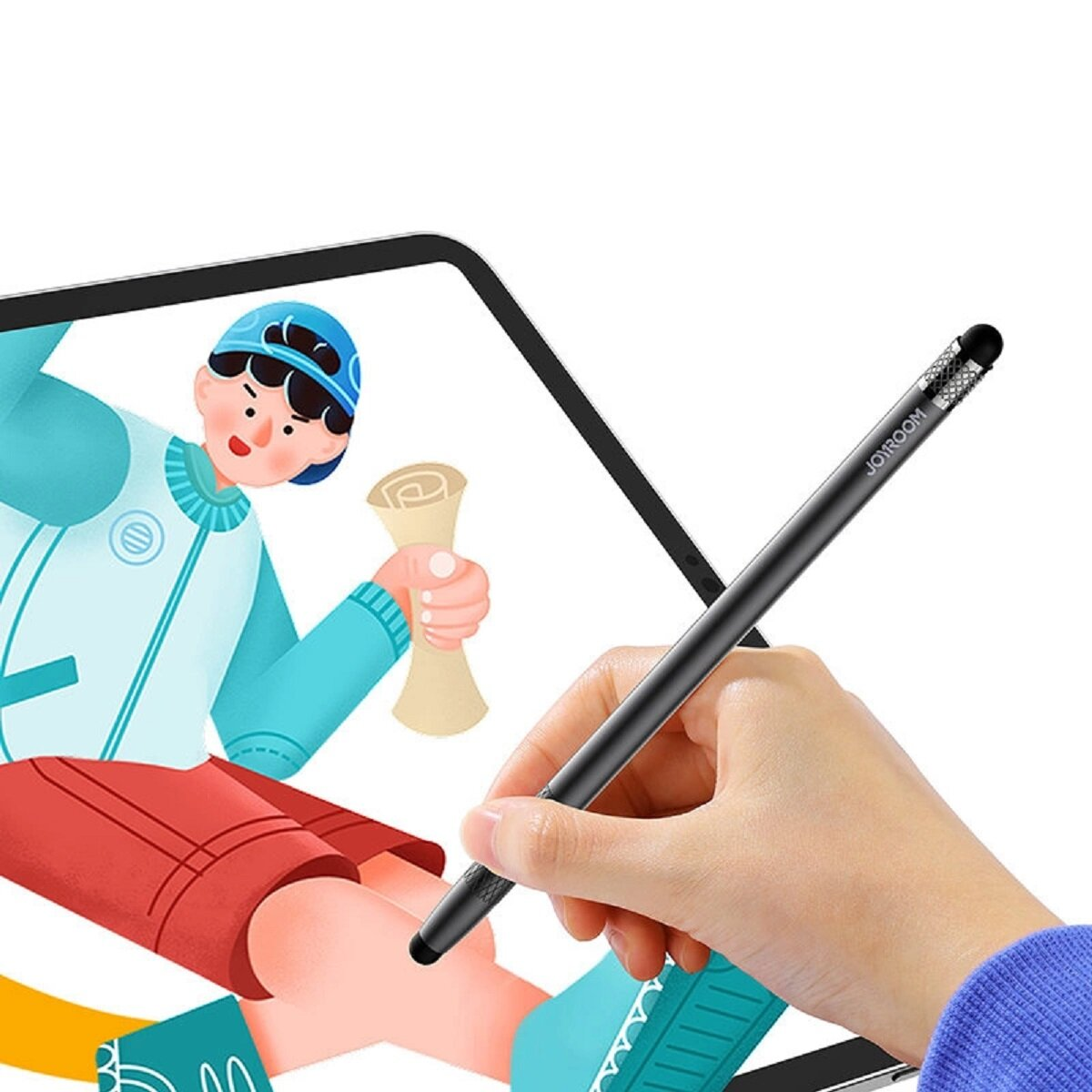 Eine Person benutzt einen schwarzen Stift auf einem Tablet, im Hintergrund eine Cartoon-Zeichnung.