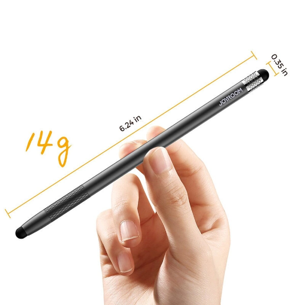 Schwarzer Stylus-Stift in einer Hand, misst 6,24 Zoll, 0,35 Zoll Durchmesser und wiegt 14 g.