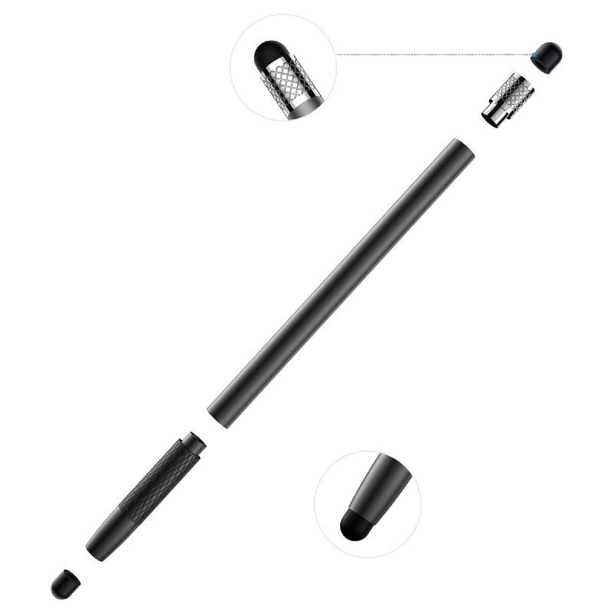 Zerlegter schwarzer Stylus-Stift mit austauschbaren Spitzen.