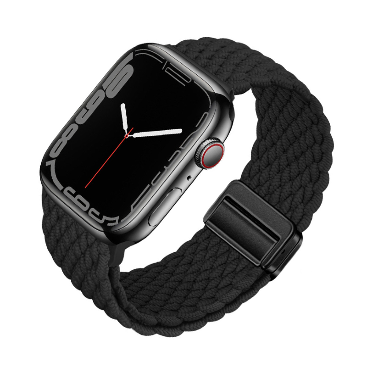 Eine schwarze Smartwatch mit einem schwarzen gewebten Armband. Sie hat ein schwarzes Display.