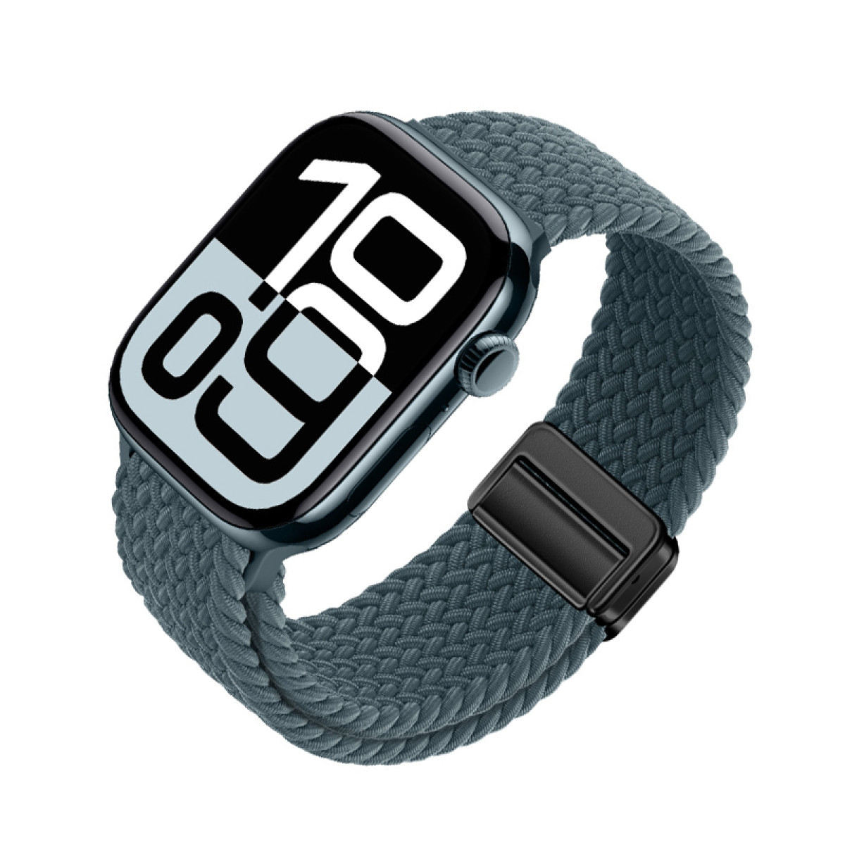 Smartwatch z plecionym niebieskim paskiem i czarnym zapięciem. Wyświetlacz pokazuje godzinę.