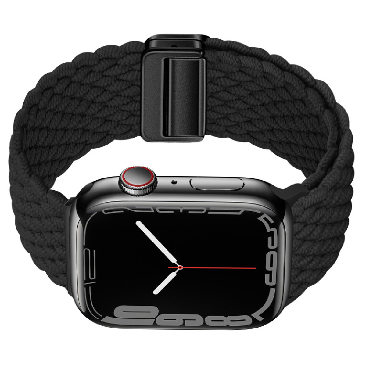 Schwarze Smartwatch mit schwarzem geflochtenem Band und Verschluss.