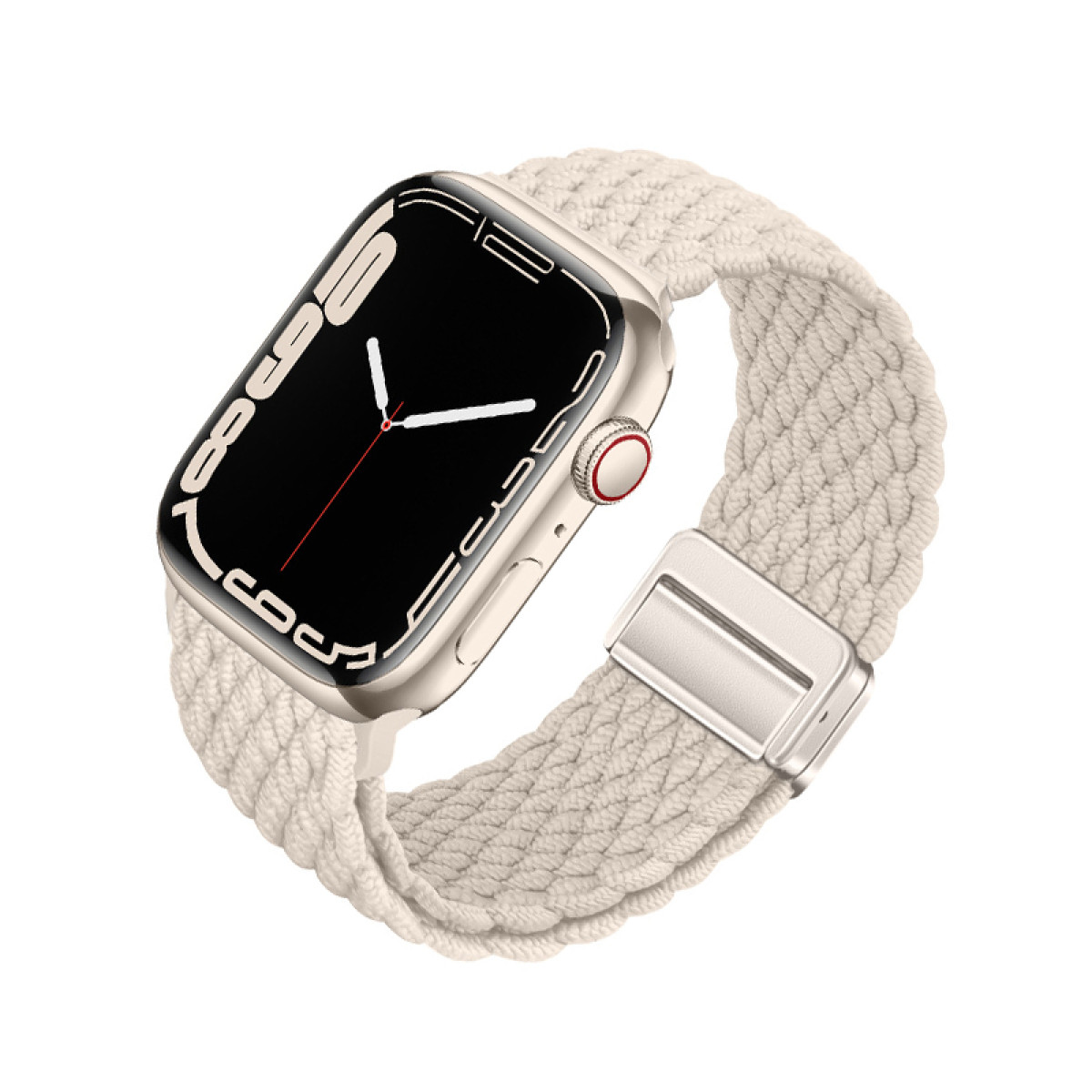 Eine beige Apple Watch mit geflochtenem Armband.