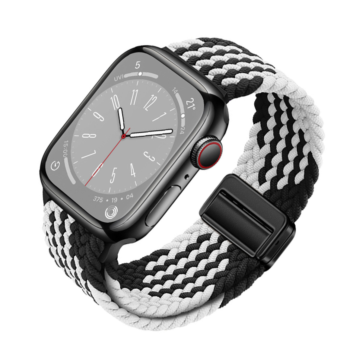 Eine schwarze Smartwatch mit einem schwarz-weißen geflochtenen Armband, isoliert auf Weiß.