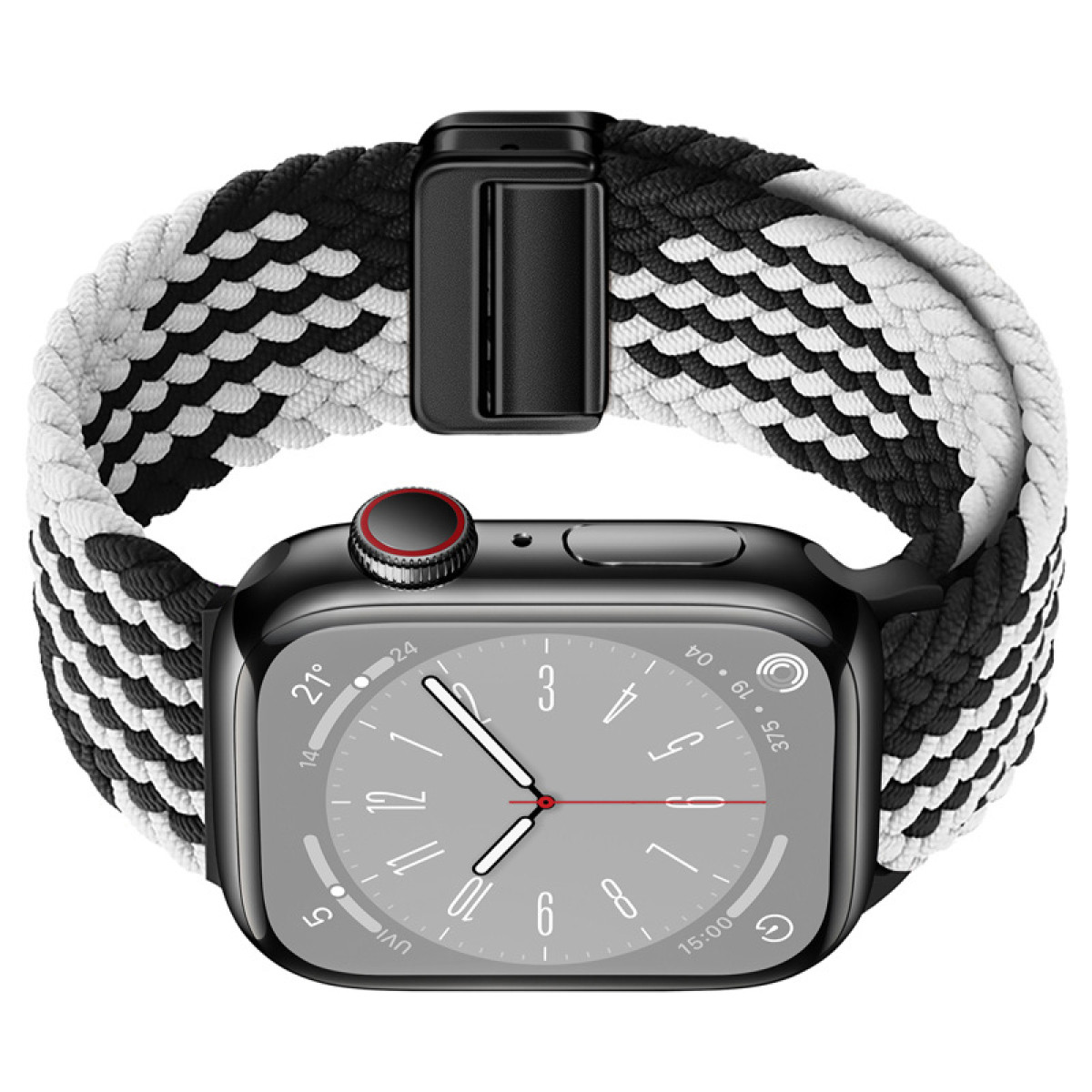 Eine schwarze Smartwatch mit einem schwarz-weiß geflochtenen Armband.