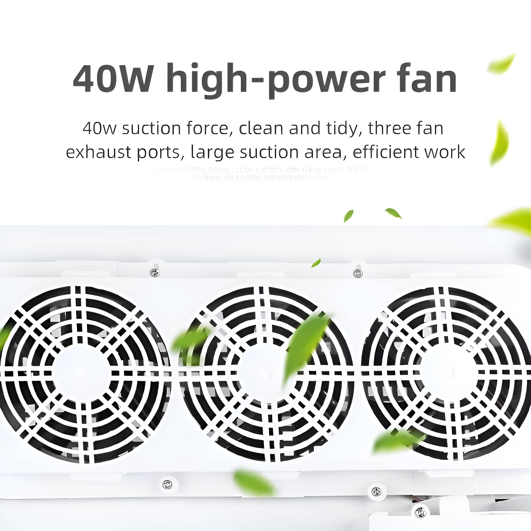 Ein weißer Ventilator mit drei Lüfterblättern. Der Ventilator hat Text auf Chinesisch.