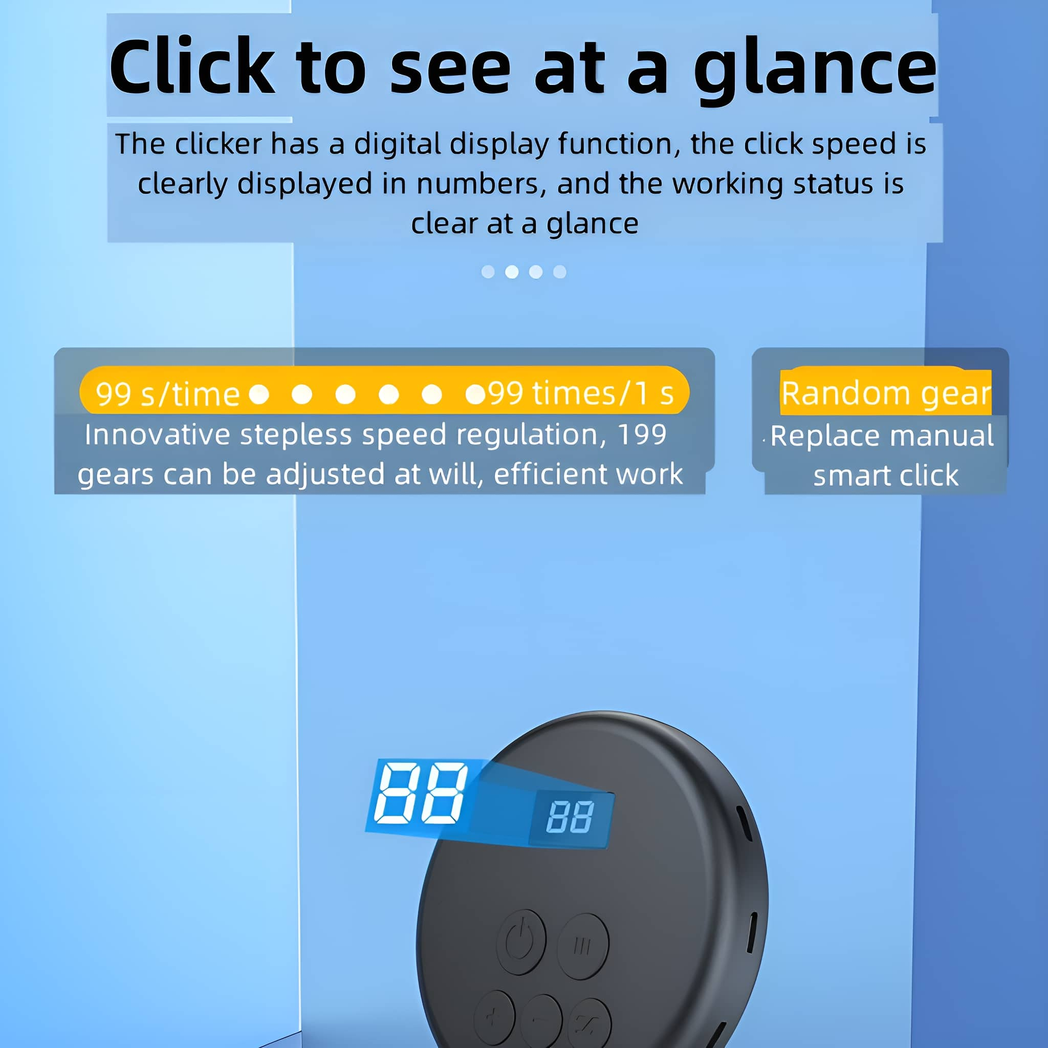 Schwarzes Clicker-Gerät mit Display, das Zahlen und Text anzeigt.