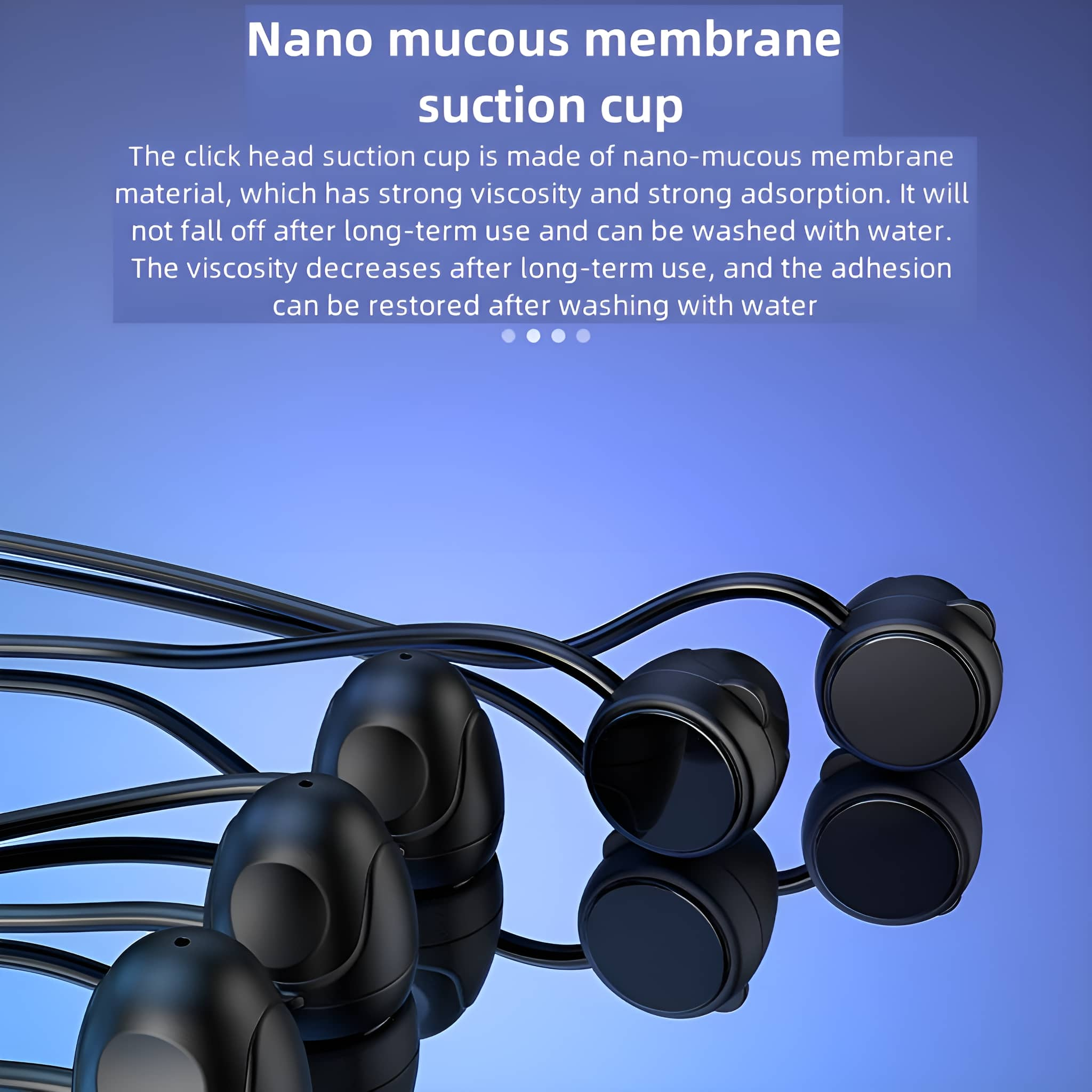 Schwarze Ohrhörer mit einzigartigem Design auf blauem Farbverlauf. Text über Nano-Schleimhaut-Saugnapf.