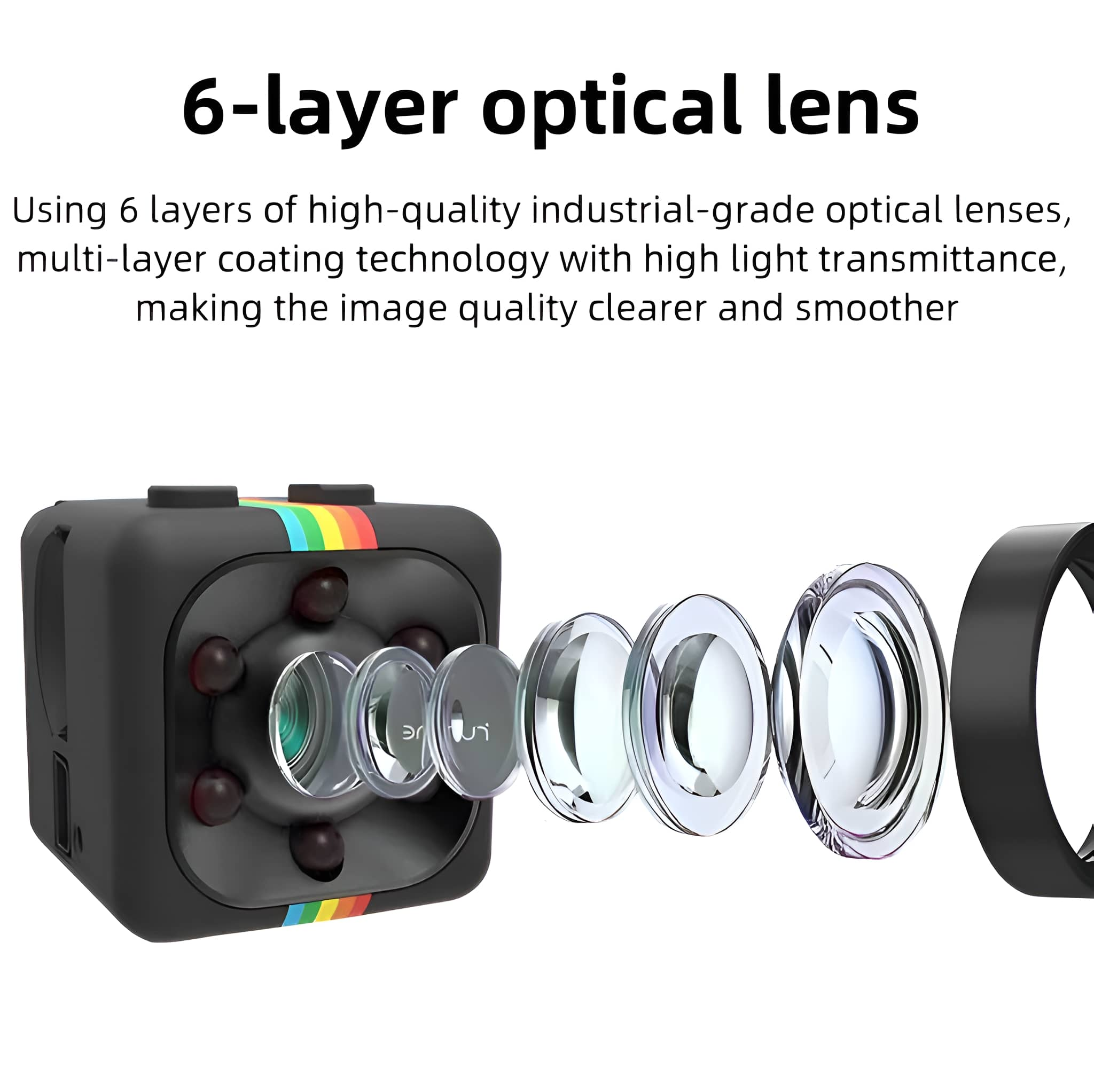 Schwarze Kamera mit Regenbogenstreifen und mehreren optischen Linsen.