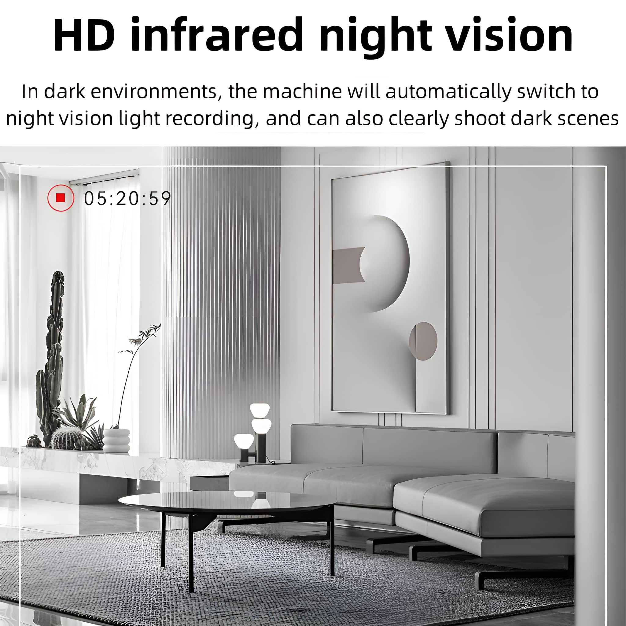 Innenraum mit HD-Nachtsicht. Wohnzimmer mit Sofa, Tisch und Gemälde. 05:20:59 angezeigt.