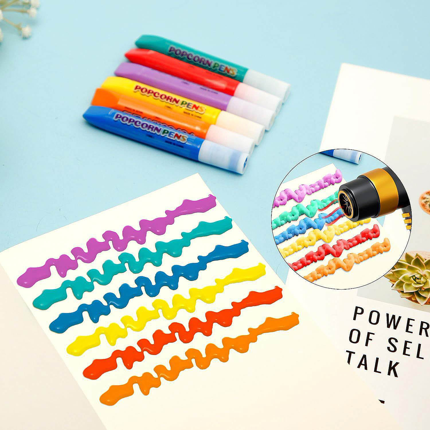 Penna popcorn in vari colori ed esempi di utilizzo su carta.