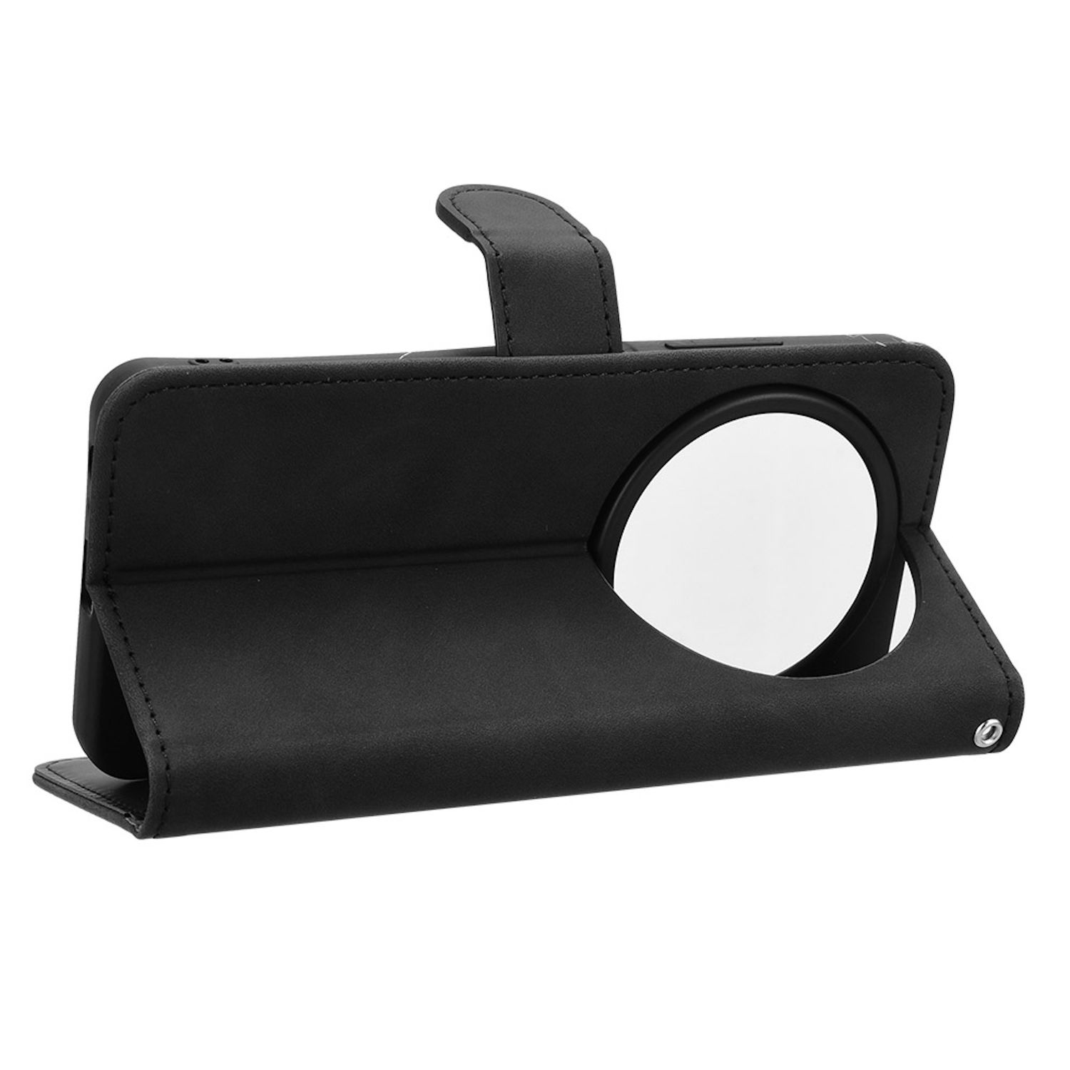 Eine schwarze Handyhülle, geöffnet, um das Innere mit einem Loch für die Kamera und einem Griff zu zeigen.