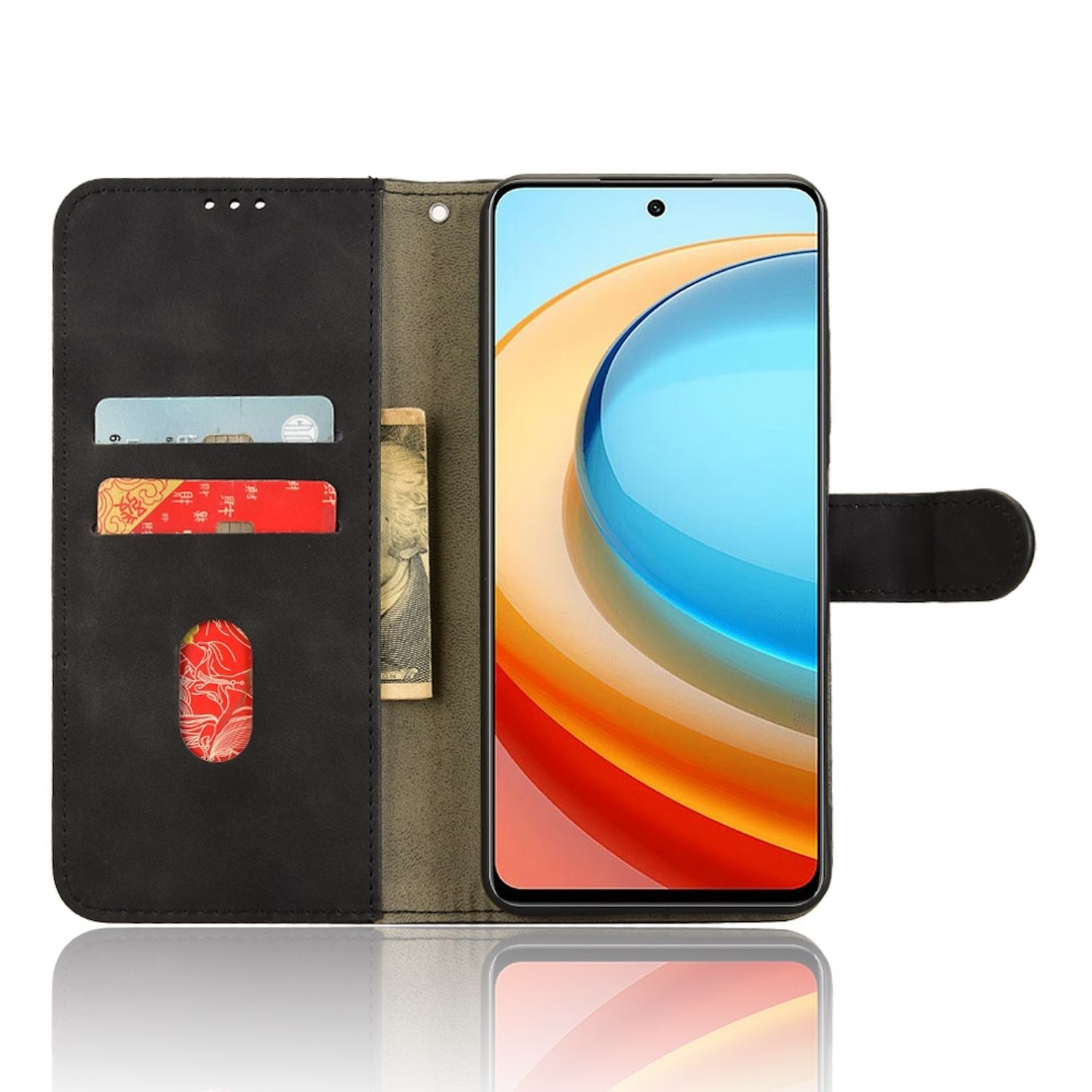 Schwarze Handyhülle, offen, zeigt ein Telefon mit farbenfrohem Bildschirm und Karten.