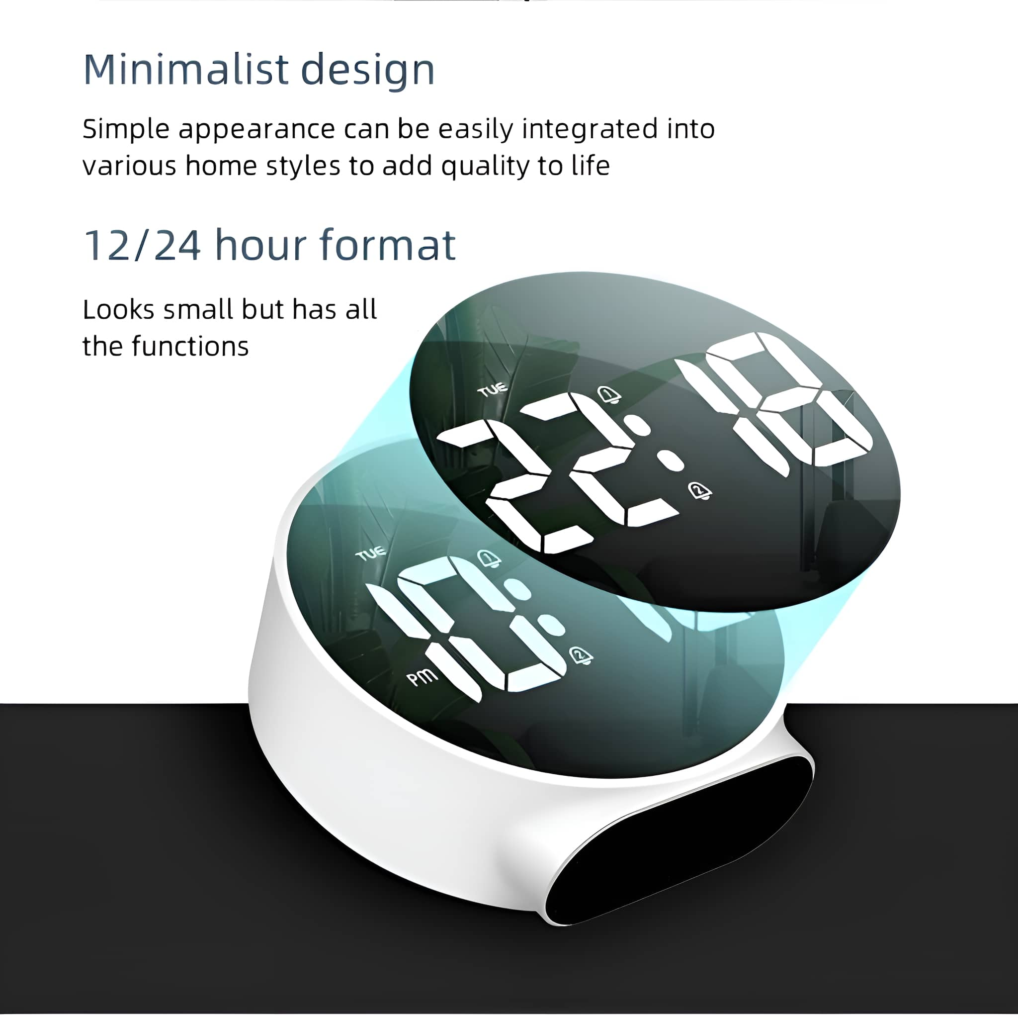 Digitaluhr mit zwei Anzeigen. Weiße Basis und schwarze Oberfläche. Klares Design.