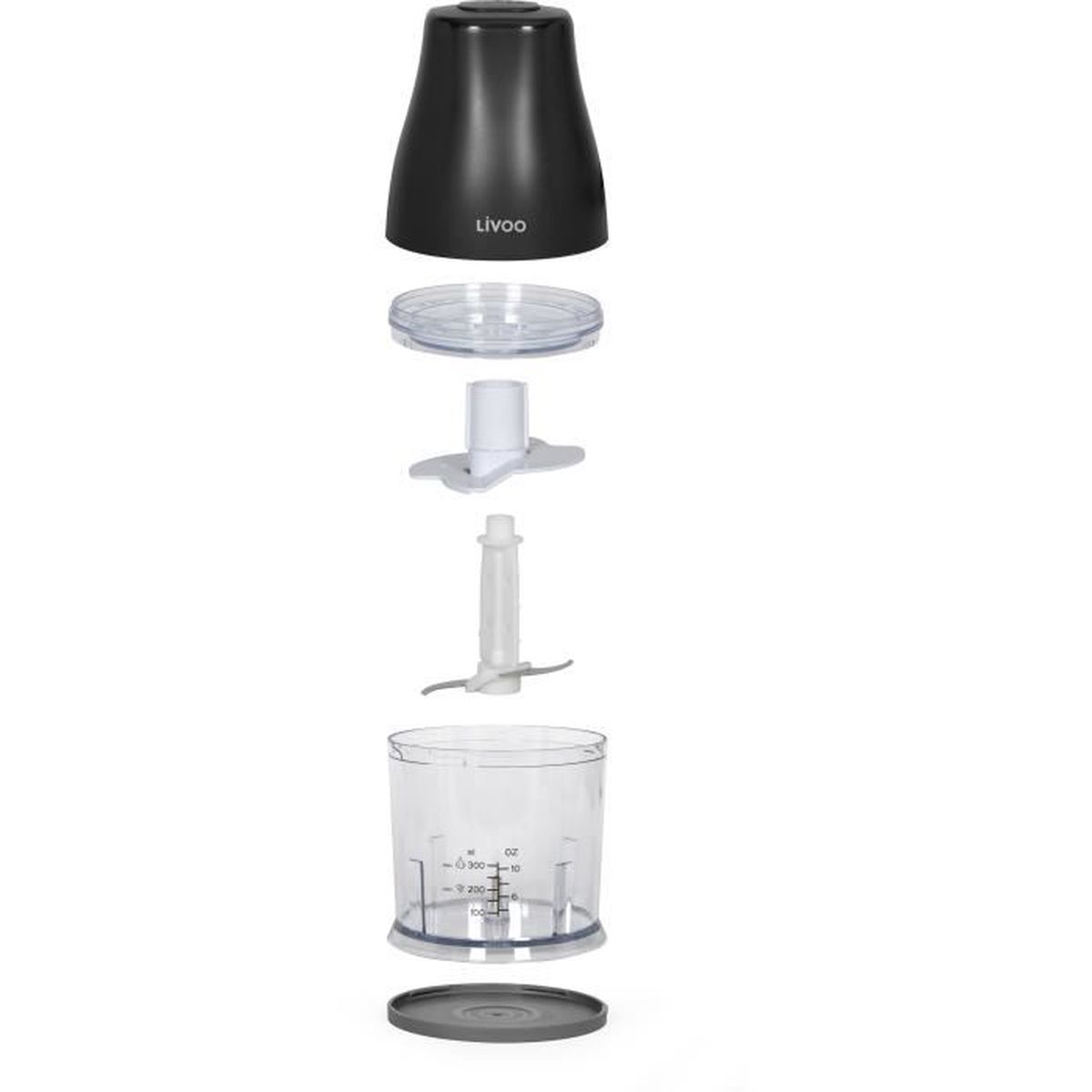 Batidora desmontada. Parte superior, soporte de cuchilla, cuchilla, recipiente y base. Blanco y negro.