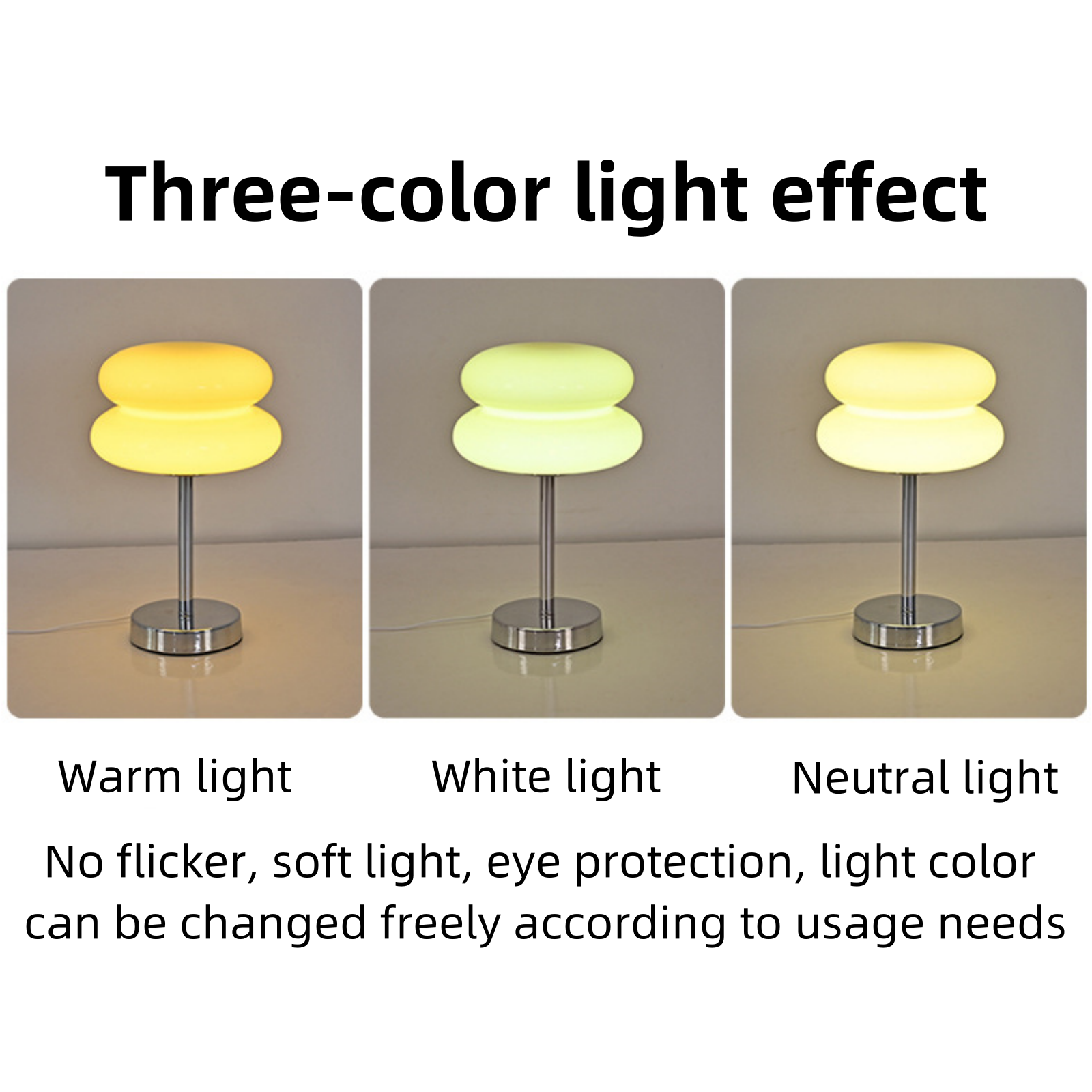 Drei Lampen mit unterschiedlichen Lichtfarben. Warmes, weißes und neutrales Licht werden dargestellt.
