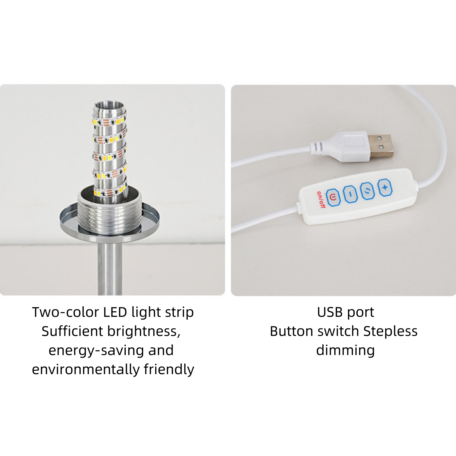 Nahaufnahme eines LED-Streifens einer Lampe und eines USB-Anschlusses mit einem Schalter zum Dimmen.