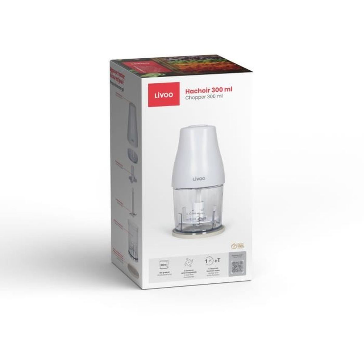 Caja de picadora Livoo Hachoir 300 ml blanca y gris sobre fondo blanco con picadora dentro.
