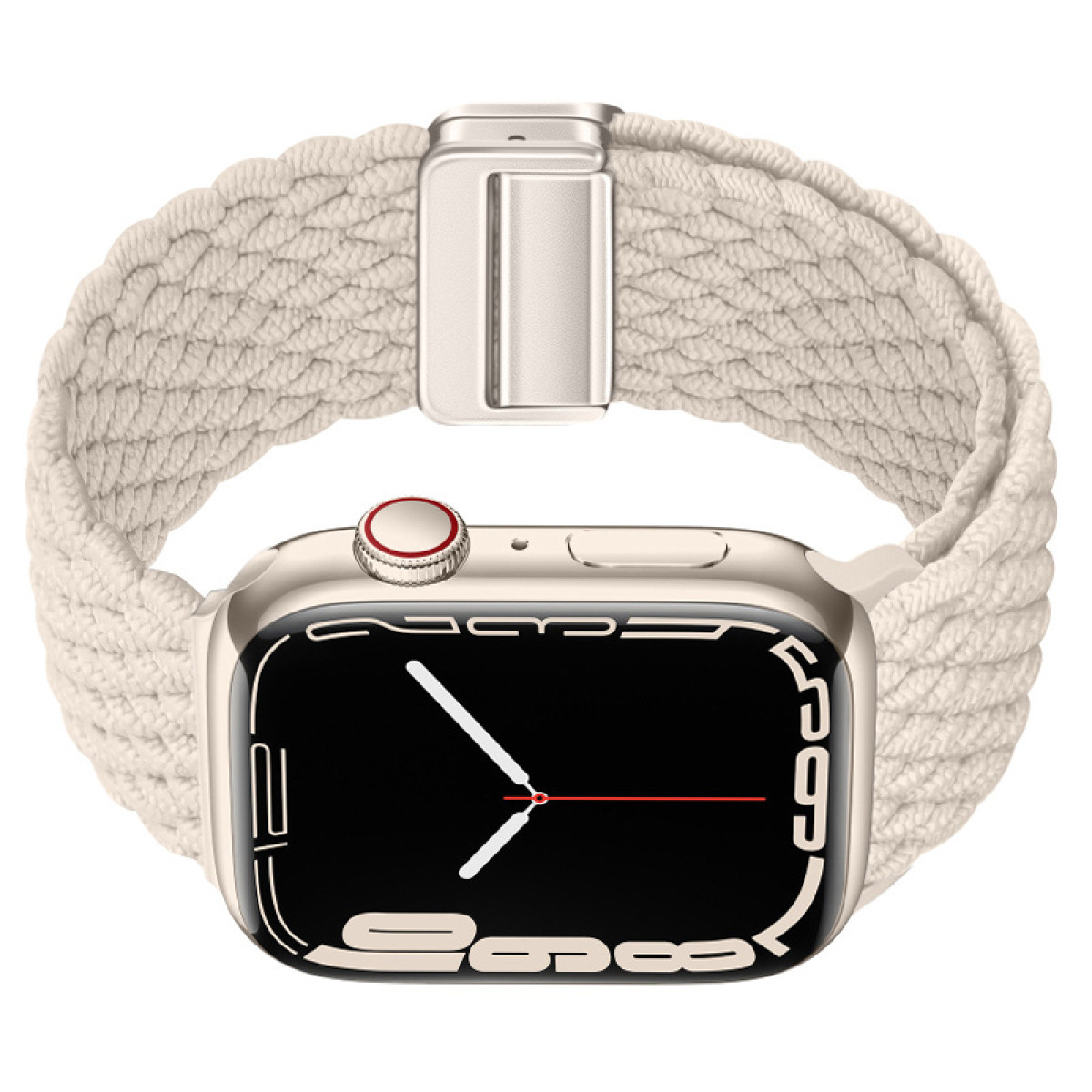 Silberne Apple Watch mit cremefarbenem geflochtenem Armband. Der Bildschirm zeigt die Zeit an.