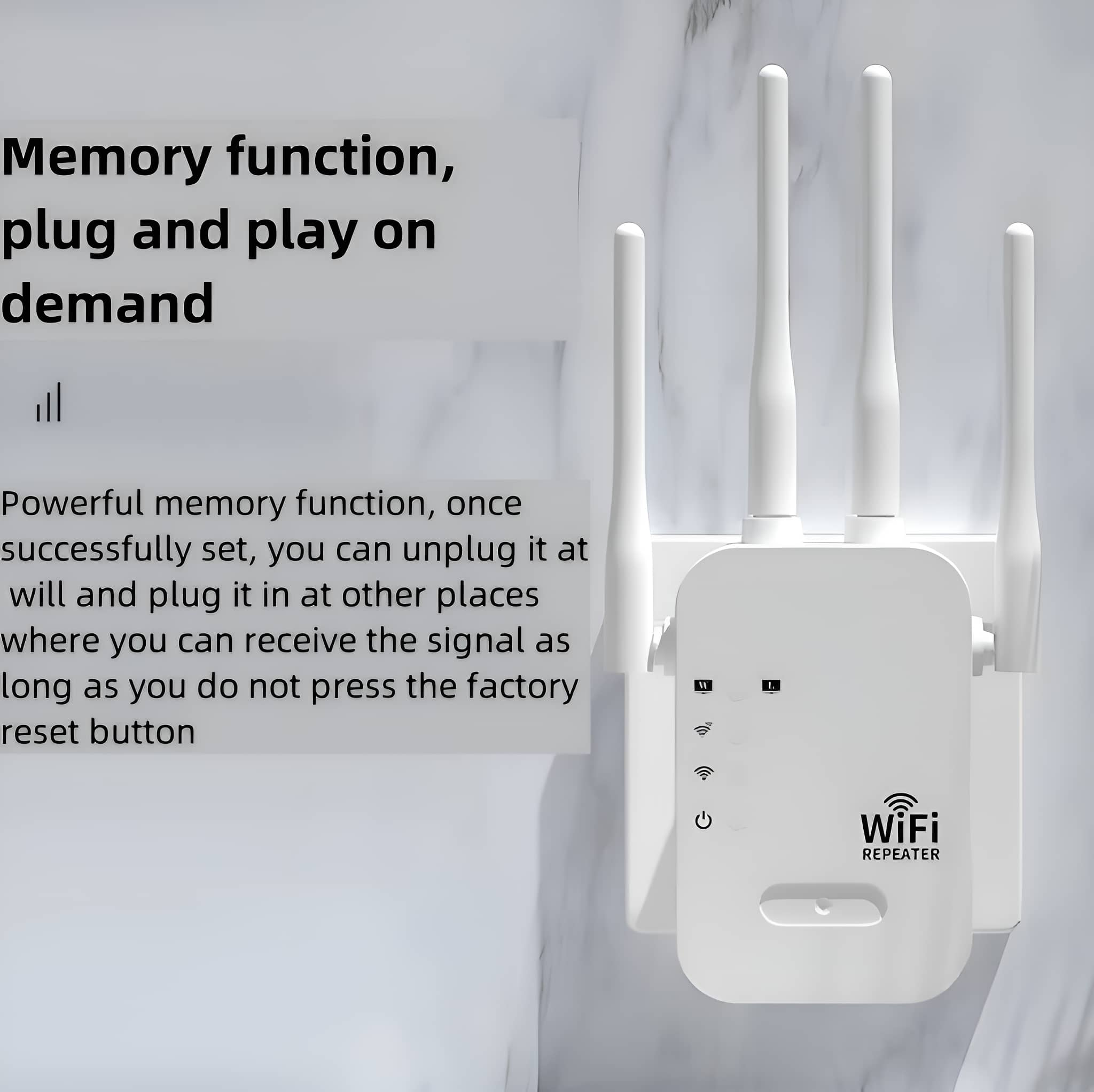 Ein weißer WLAN-Repeater mit Antennen, Text: Speicherfunktion, Plug and Play bei Bedarf.