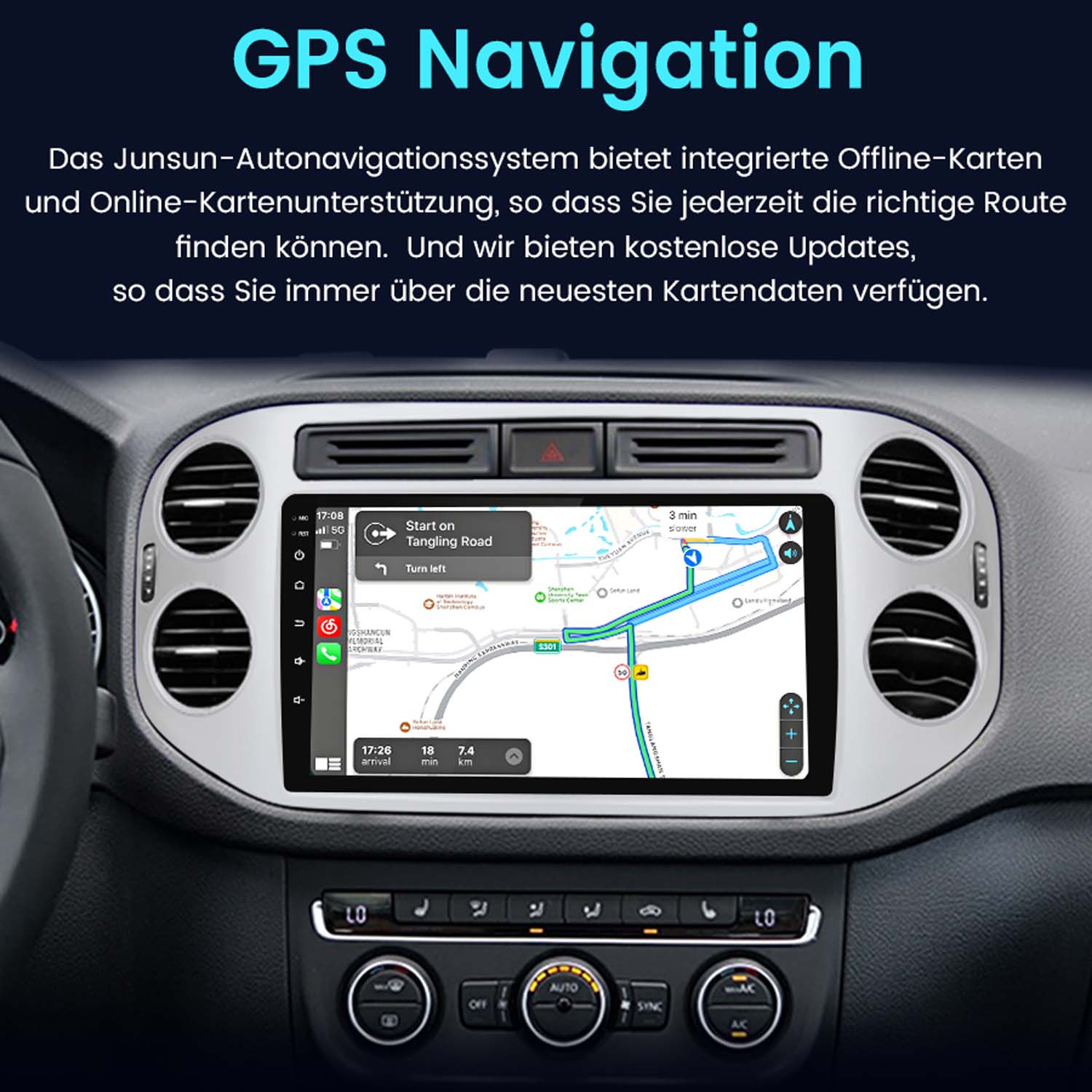 Auto-Armaturenbrett mit Navigationsbildschirm, der eine Karte und Wegbeschreibungen zeigt. Text 'GPS Navigation'.