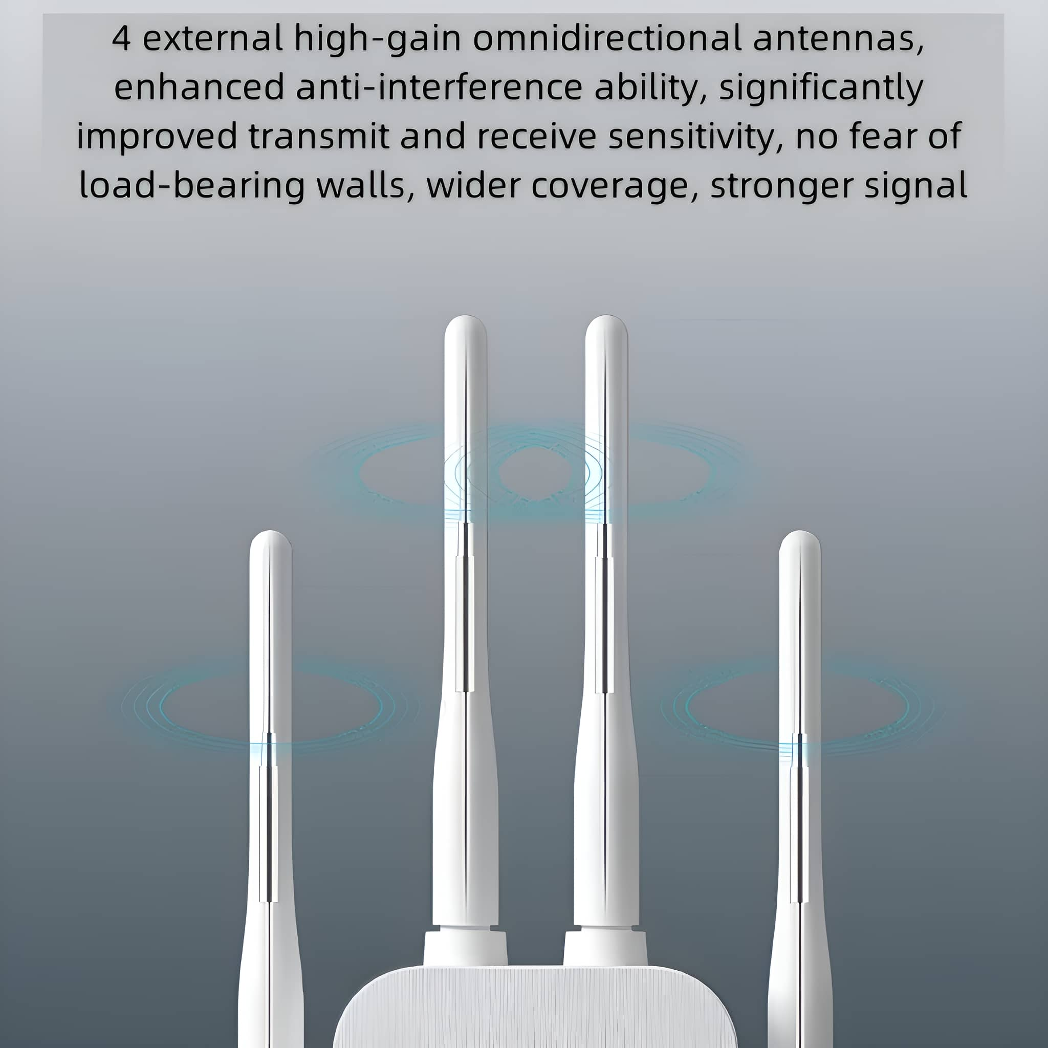 WLAN-Router mit vier Antennen. Text beschreibt verbessertes Signal und größere Reichweite.