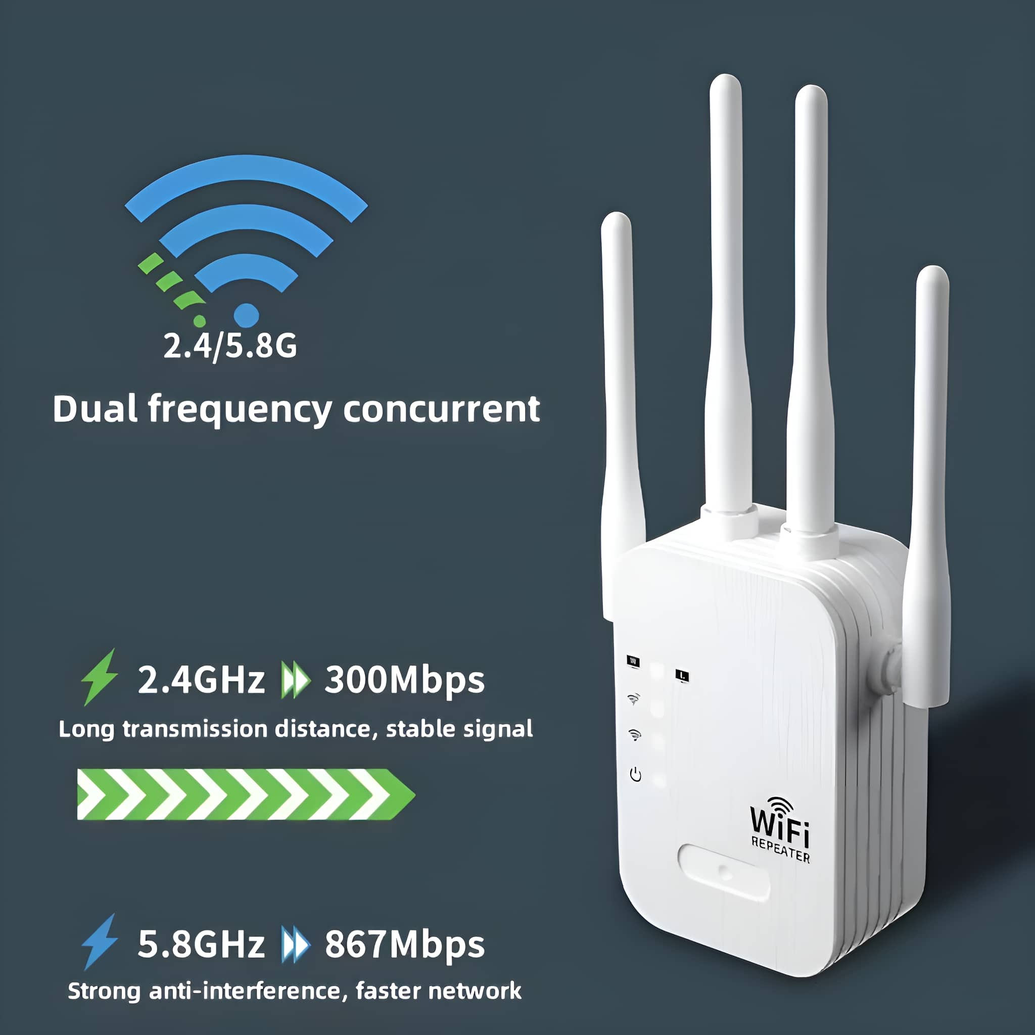 Weißer WLAN-Repeater mit Antennen und Grafik, auf dunklem Hintergrund.