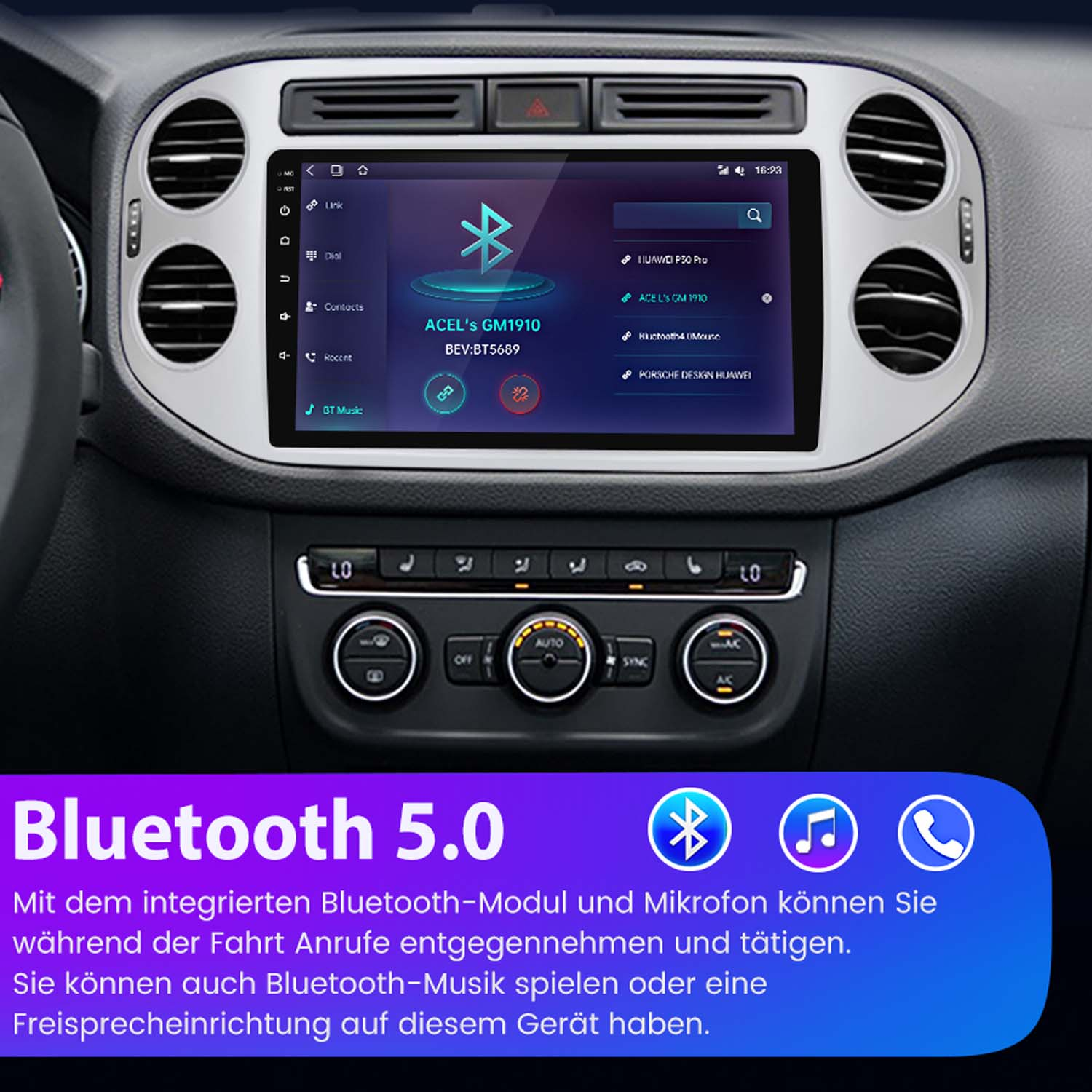 Multimedia-Display im Auto. Es zeigt ein Bluetooth-Logo und Informationen. Der Hintergrund ist das Armaturenbrett.
