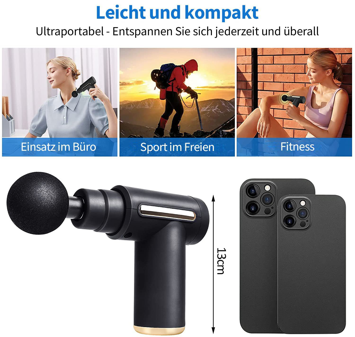 Eine schwarz-goldene Massagepistole mit drei Nutzungsszenarien. Zwei schwarze Handyhüllen werden gezeigt.