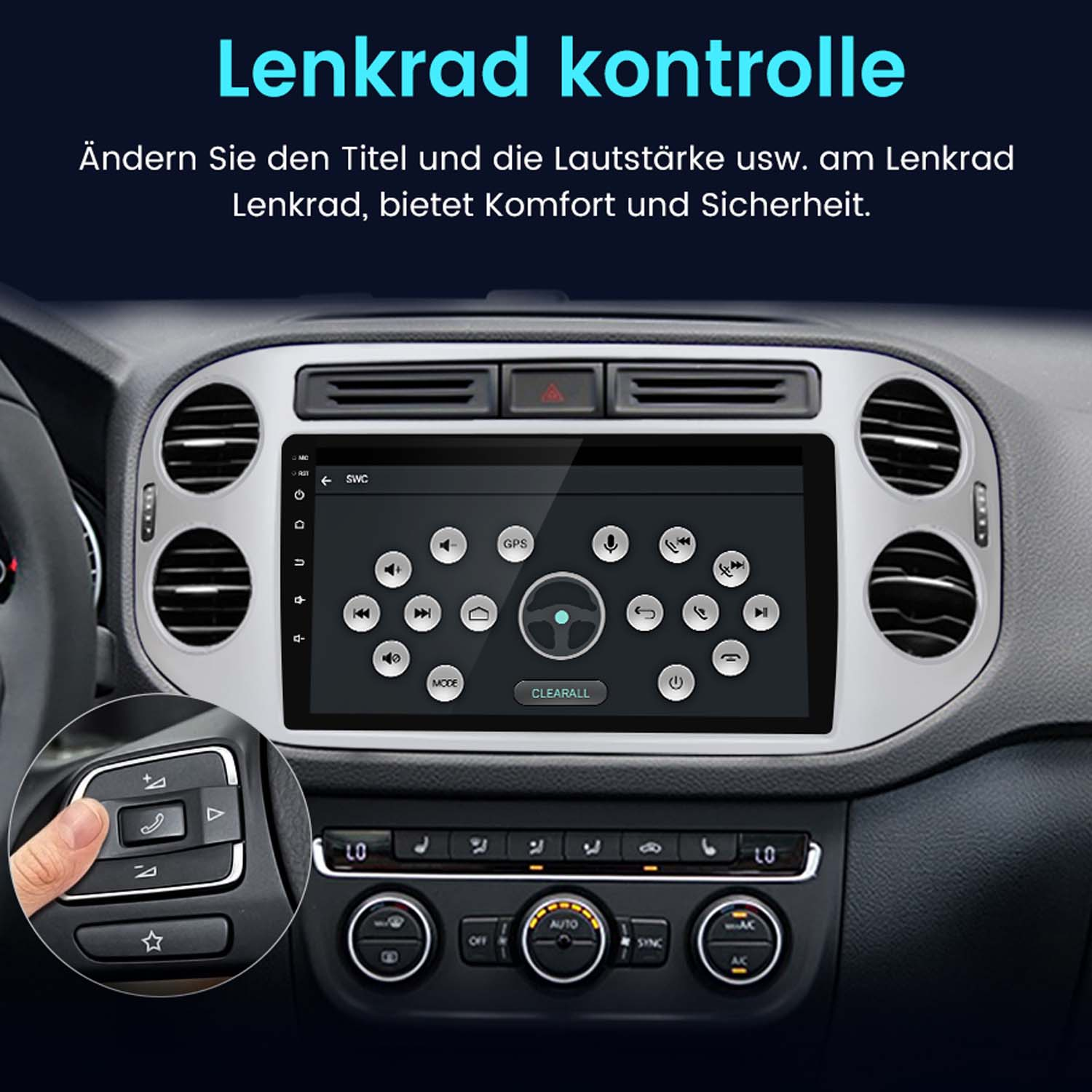 Armaturenbrett mit Bildschirm, der Bedienelemente anzeigt. Hand berührt Lenkradknopf zur Steuerung.