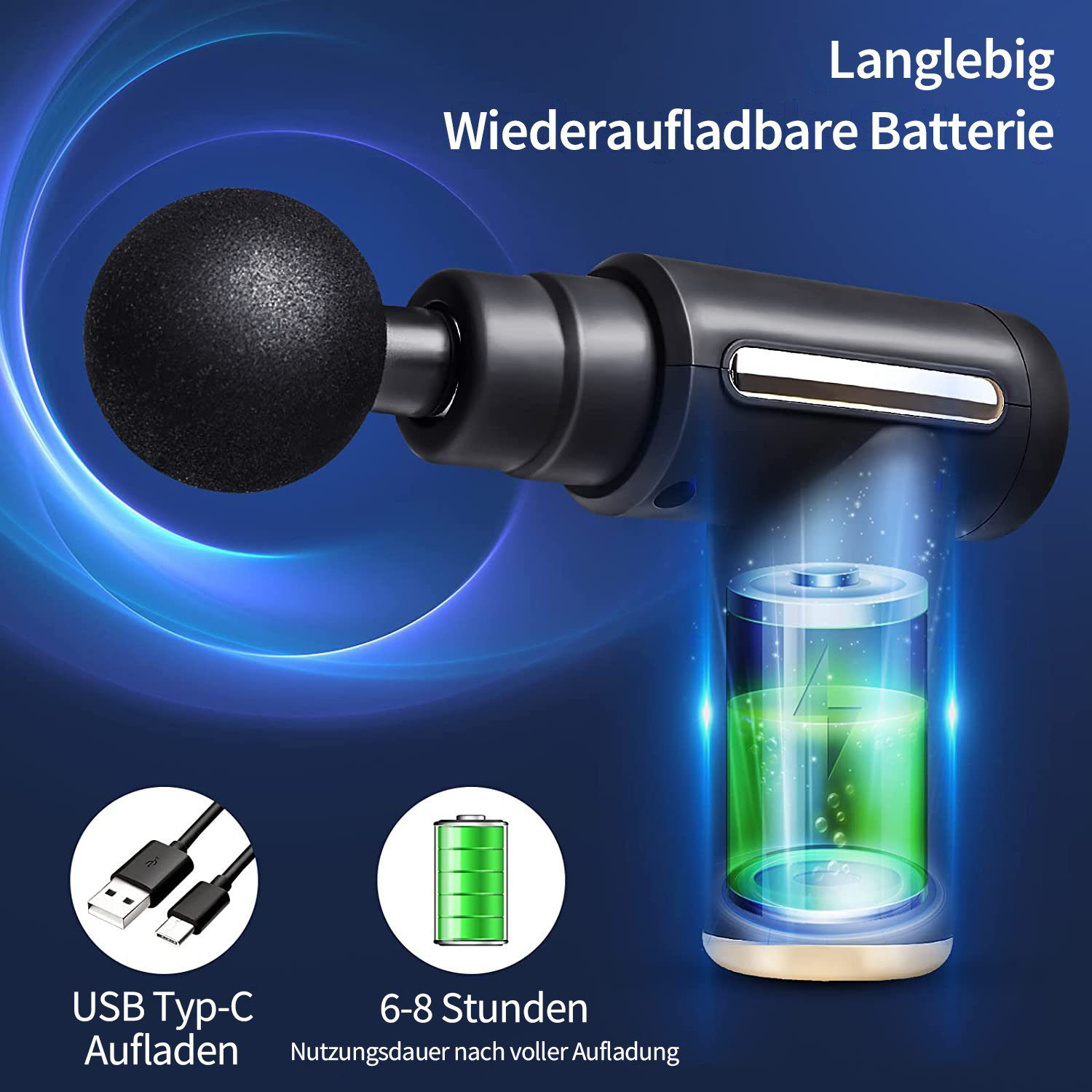 Schwarze Massagepistole mit rundem Kopf. Sie hat einen Ladeanschluss und ein Batteriesymbol.