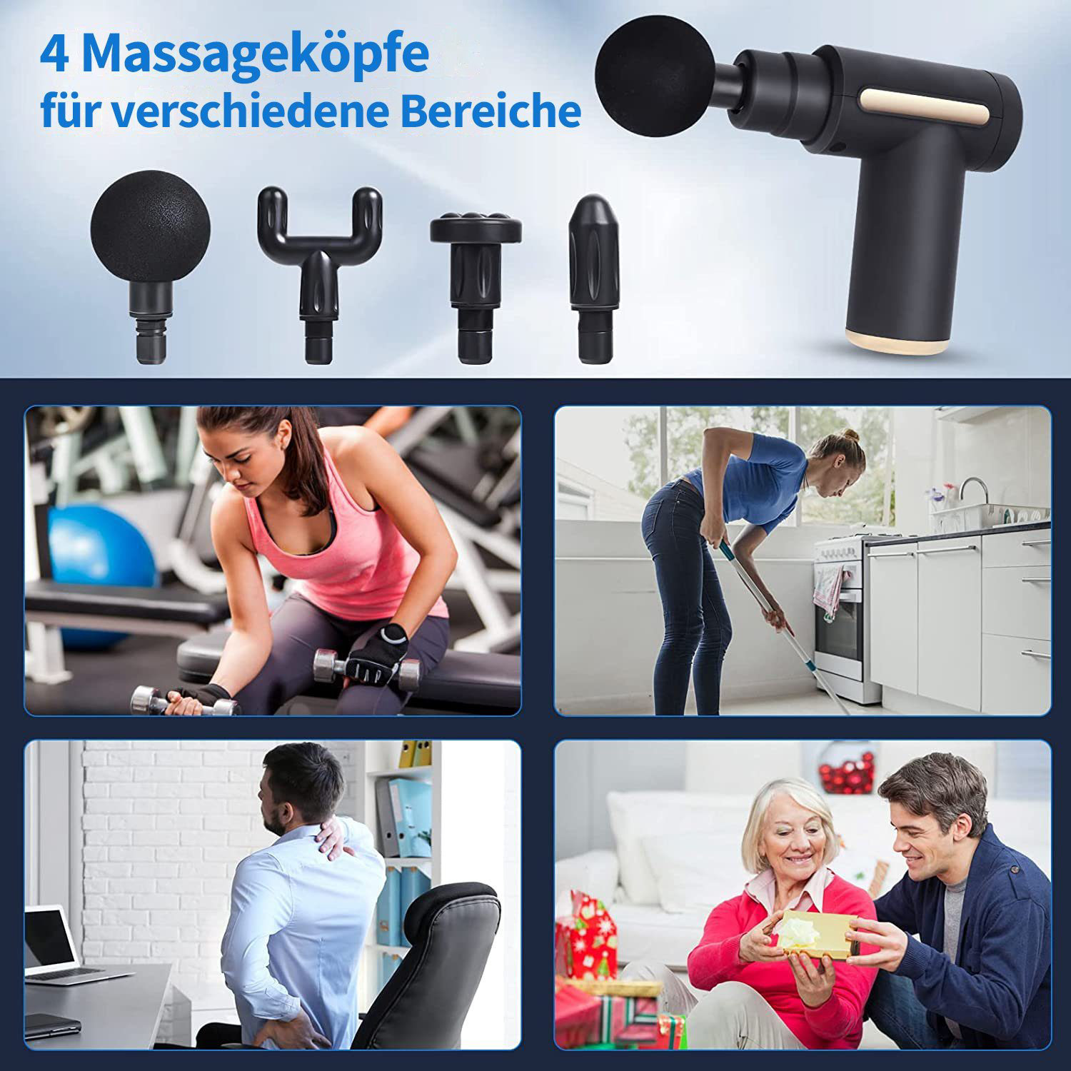 Massagepistole mit 4 Köpfen und Szenen von Personen, die sie verwenden, und anderen Aktivitäten.
