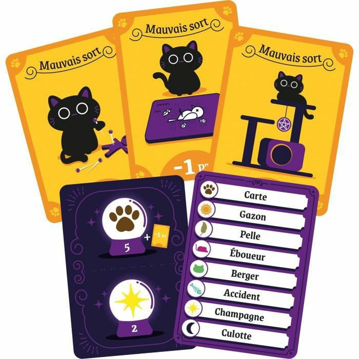 Carte da gioco con illustrazioni di gatti e testo in francese, con un tema di cartomanzia.