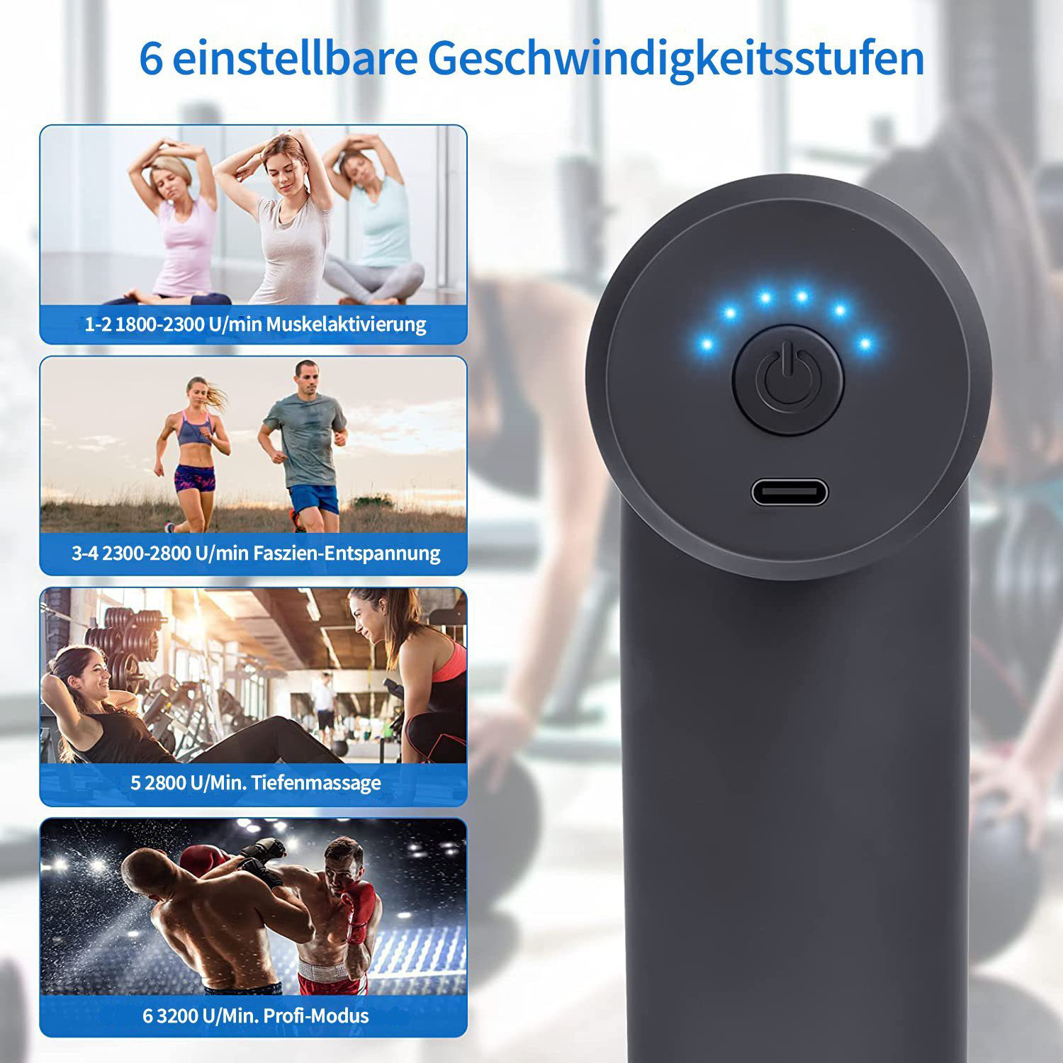 Schwarze Massagepistole mit sechs Geschwindigkeitseinstellungen, illustriert mit Aktionen wie Laufen.