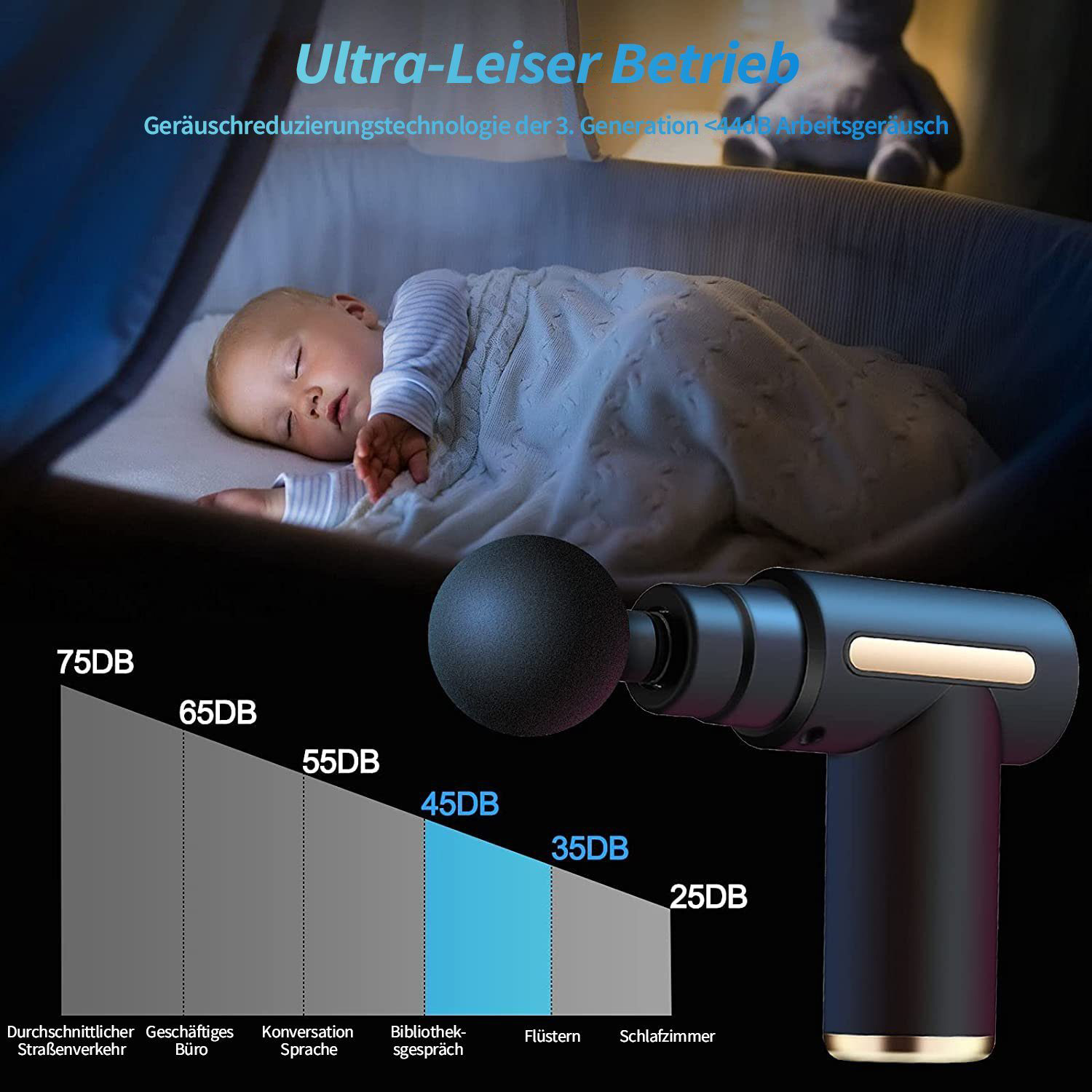 Ein Baby schläft unter einer Decke. Eine schwarze Massagepistole und eine Geräuschpegel-Tabelle sind sichtbar.