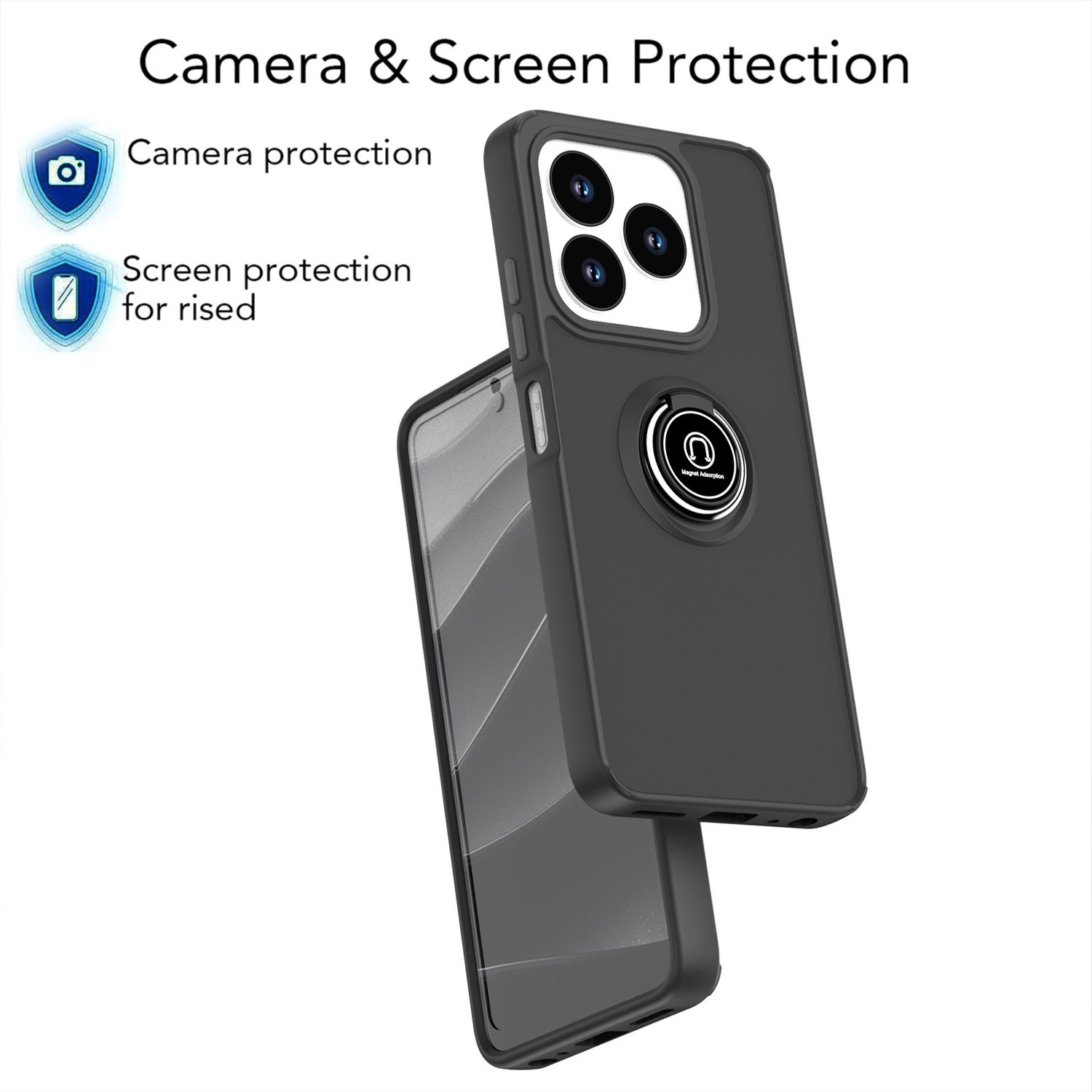 Zwei schwarze Smartphones. Eines in Hülle mit Ringständer. Kamera- und Displayschutz hervorgehoben.