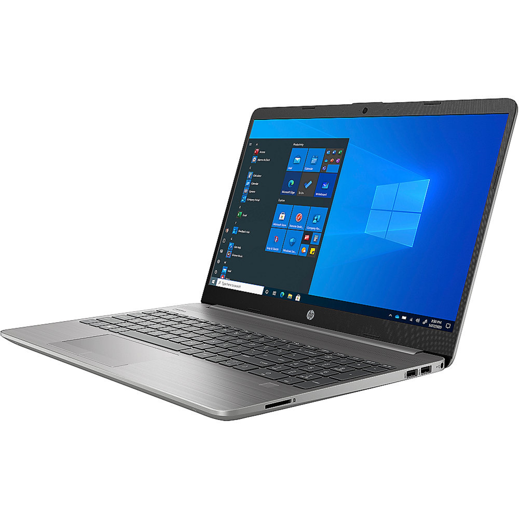 Ein silberner Laptop auf einer weißen Oberfläche, der den Windows-Startbildschirm anzeigt. Der Hintergrund ist weiß.