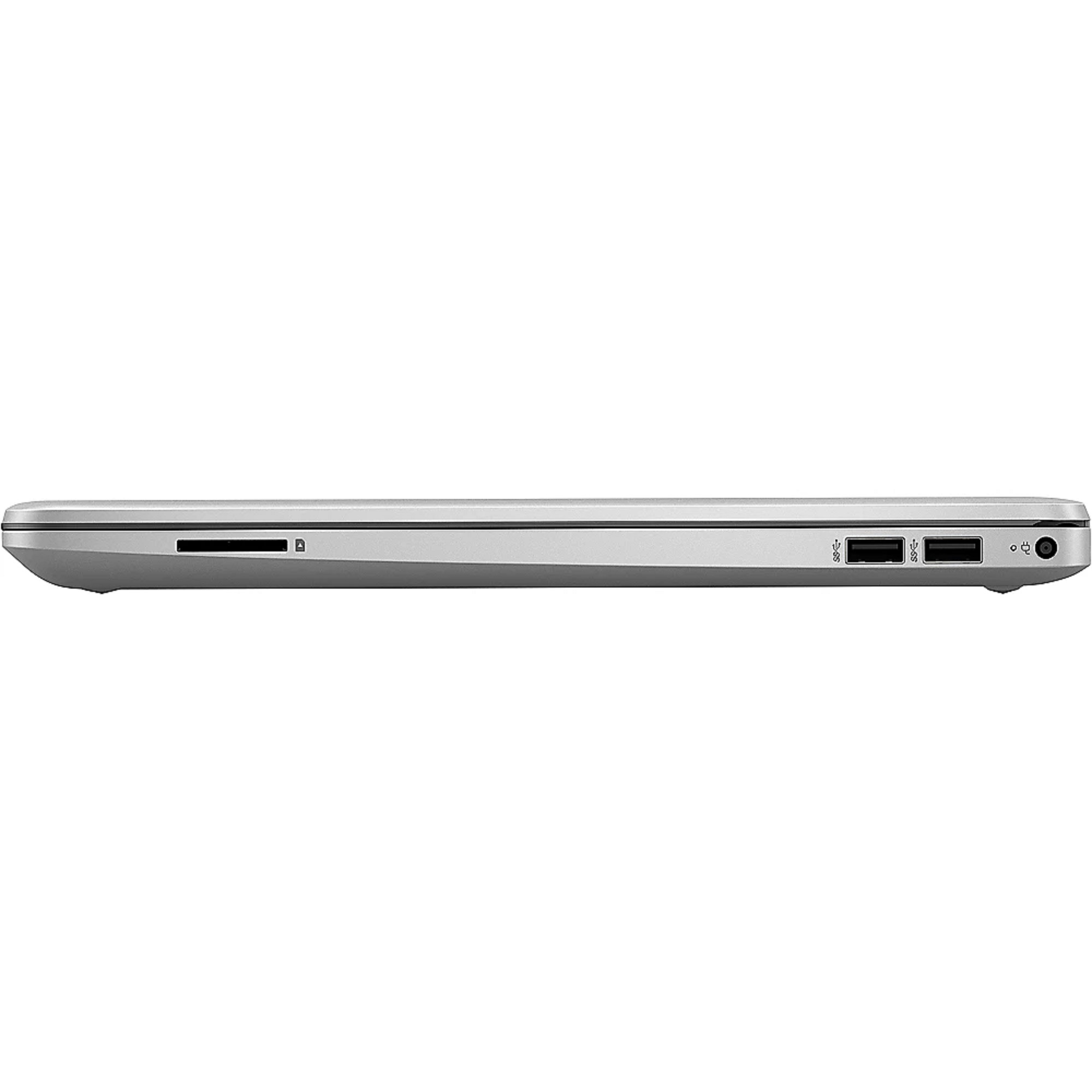 Seitenansicht eines silbernen Laptops mit Anschlüssen: USB, SD-Kartensteckplatz und Ladeanschluss.