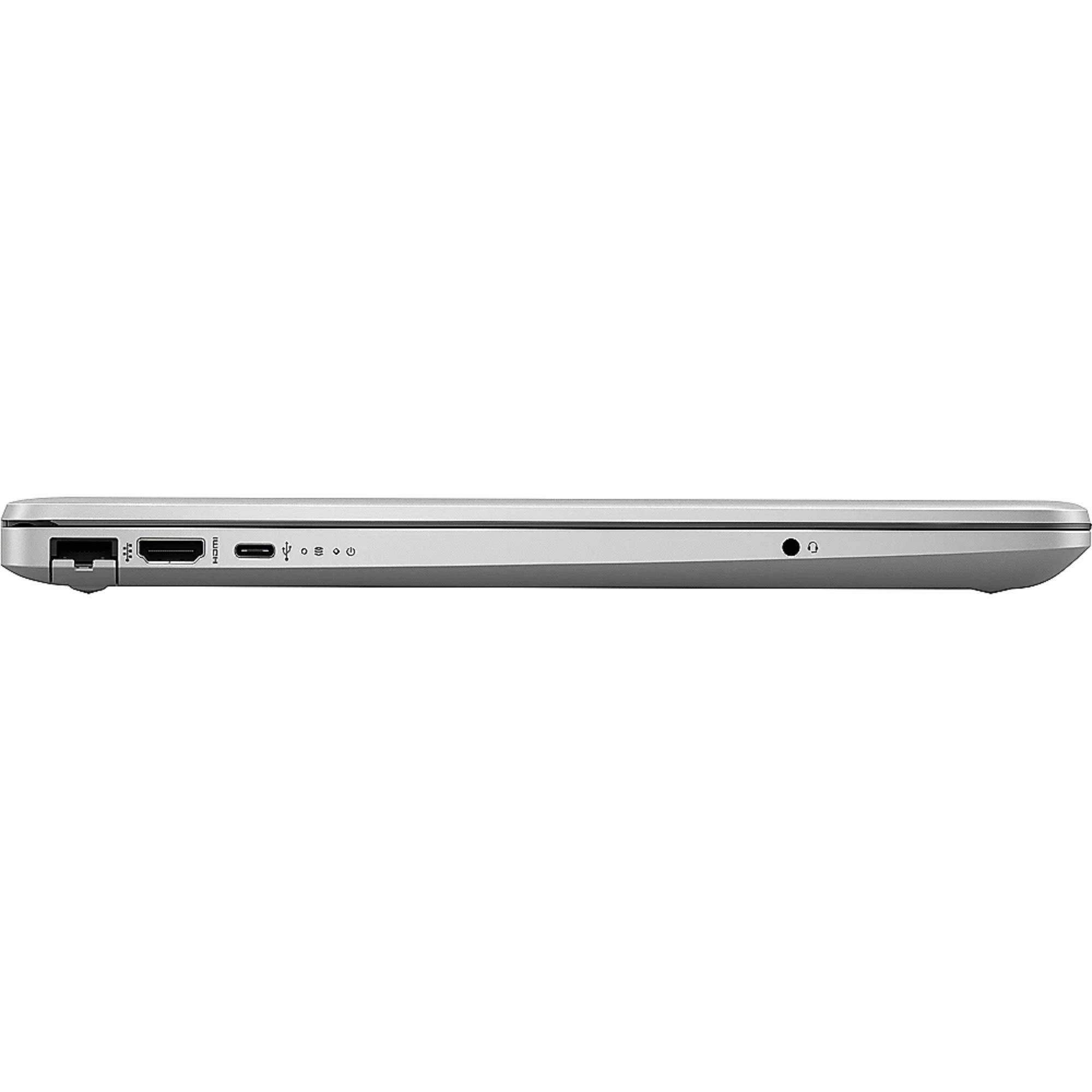 Seitenansicht eines silbernen Laptops mit Anschlüssen. Anschlüsse umfassen USB, HDMI und Klinke.