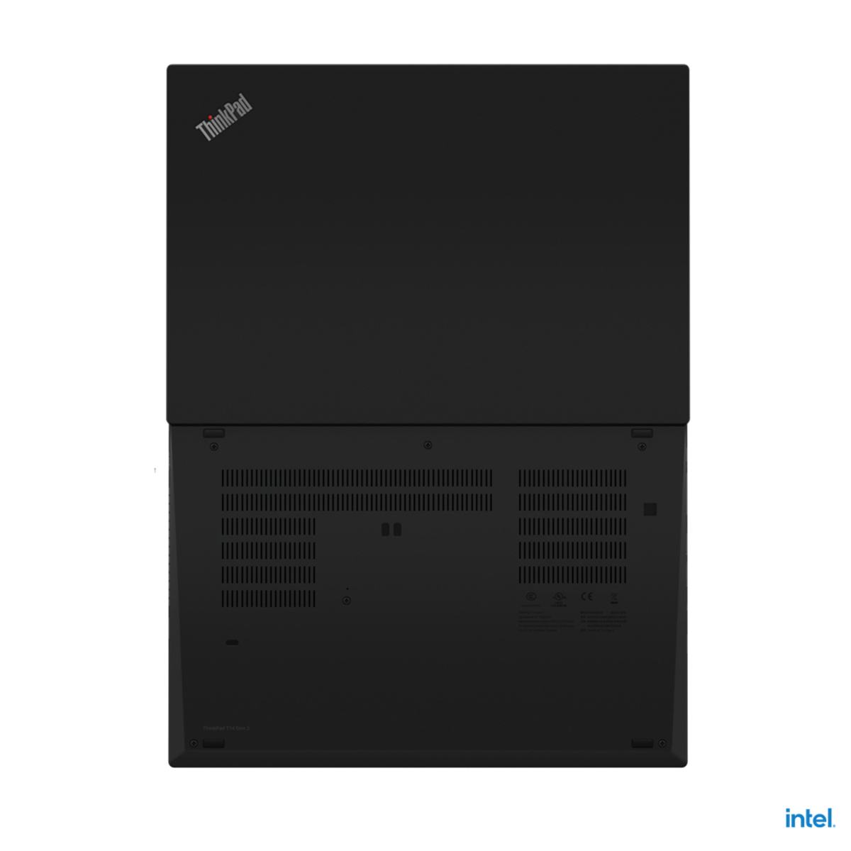 Schwarzer Laptop, Draufsicht, geschlossen. Das ThinkPad-Logo ist sichtbar.