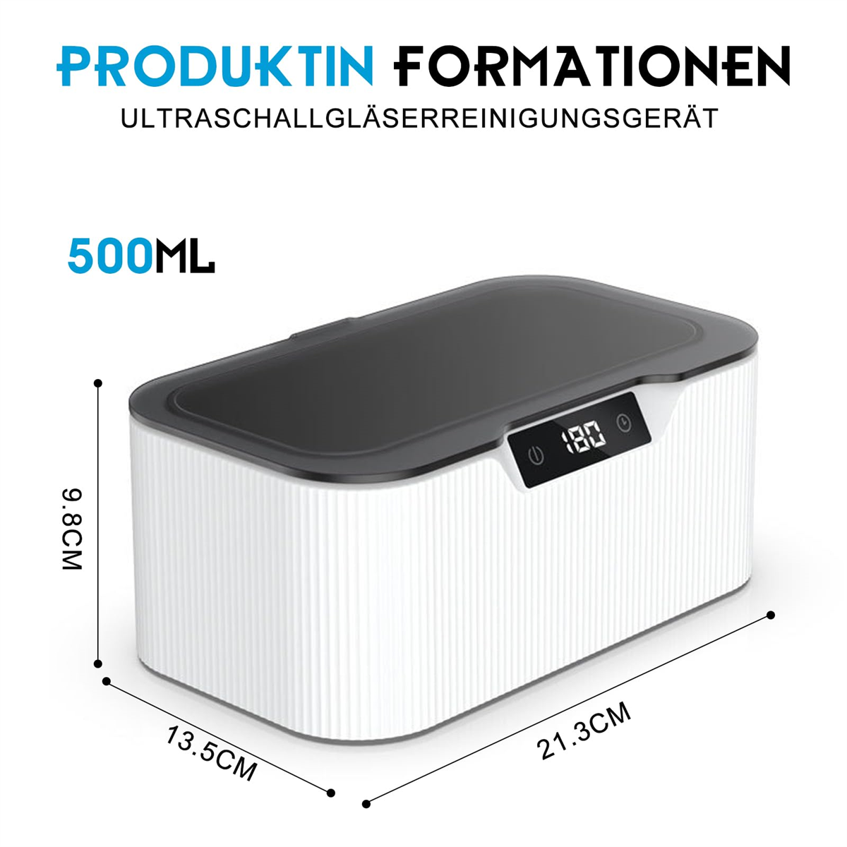 Weißer und schwarzer Ultraschallreiniger mit Abmessungen und Text.