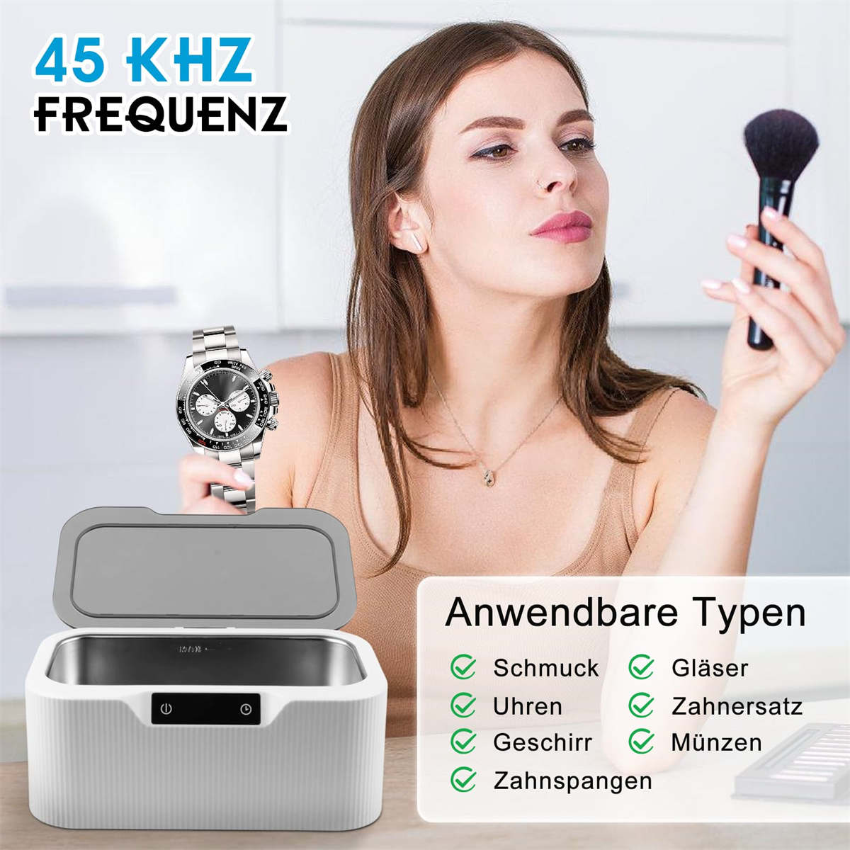 Frau trägt Make-up auf, neben einem Schmuckreiniger, mit Text über zu reinigende Gegenstände.
